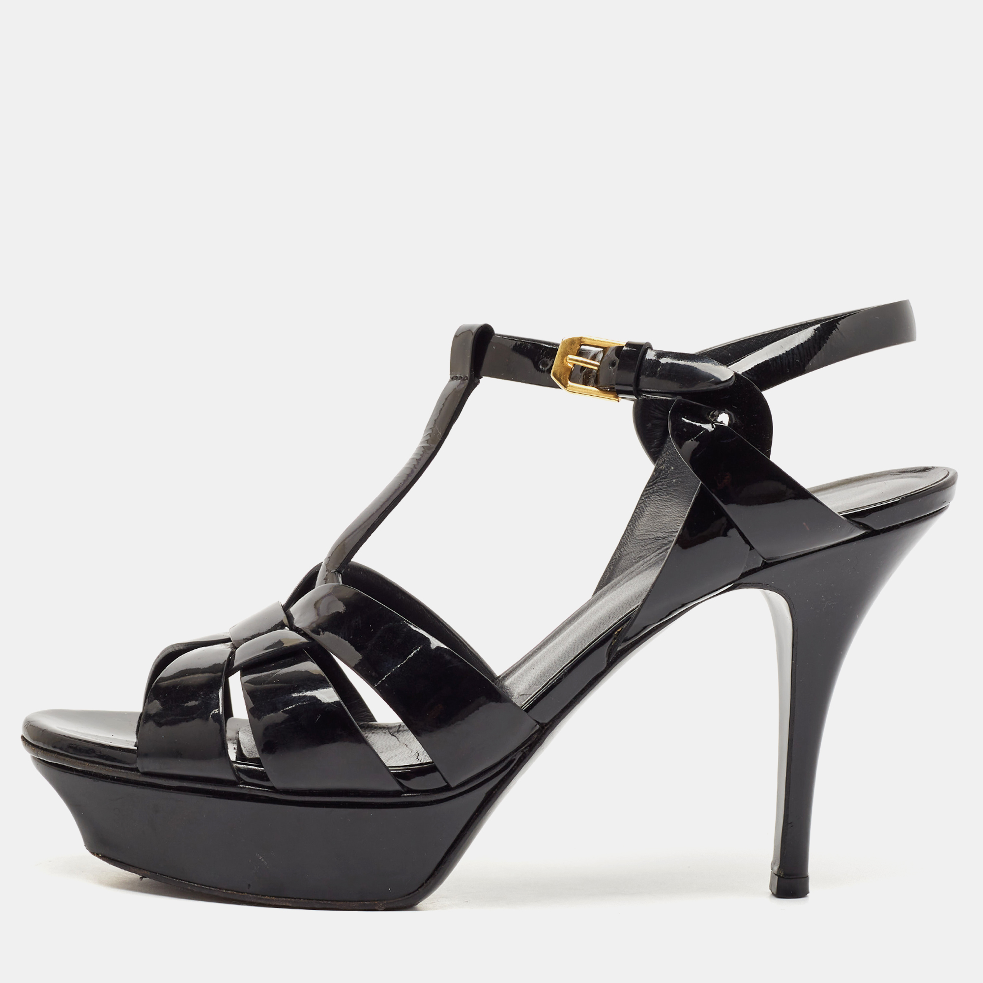 

Saint Laurent Black Patent Leather Tribute Sandals Size