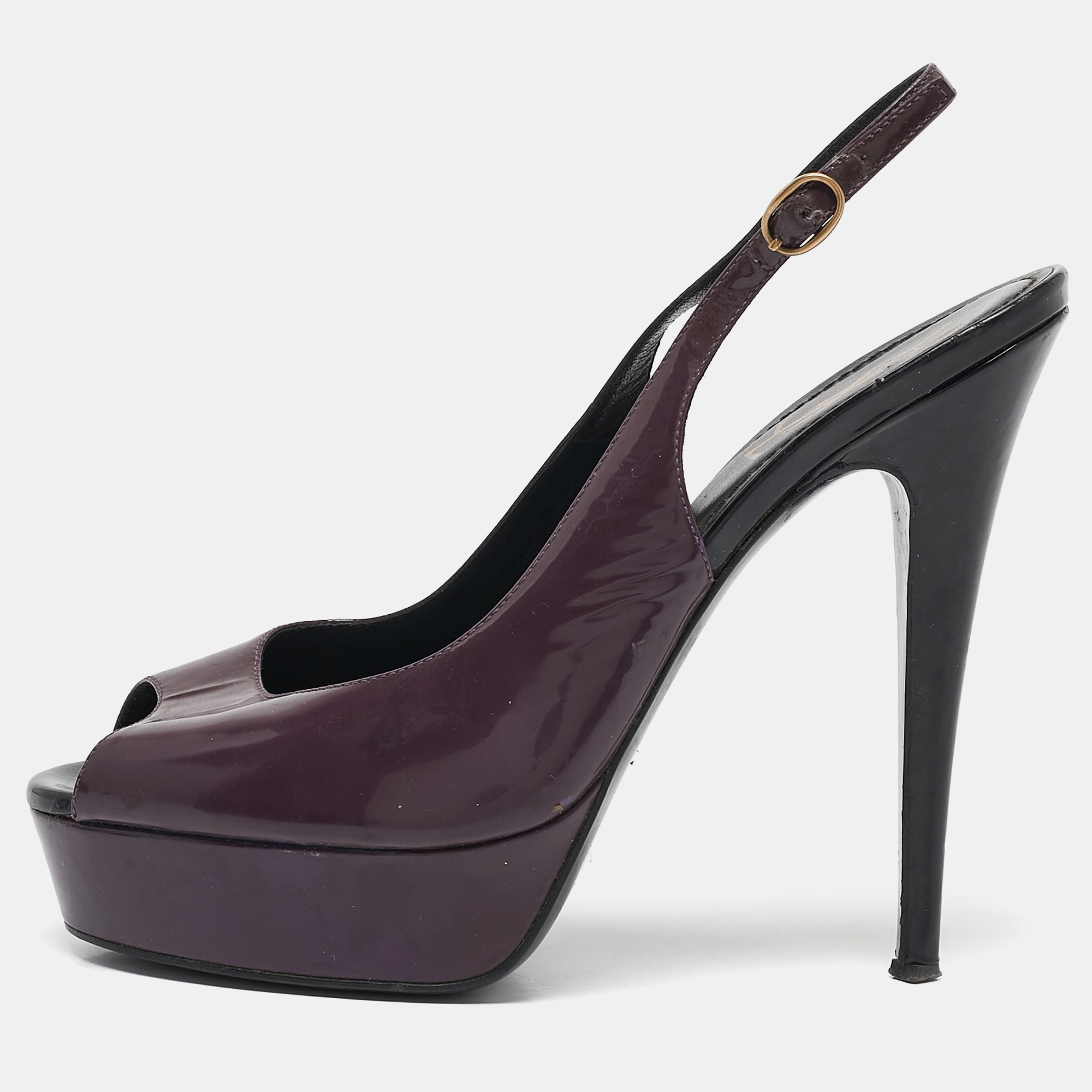 

Saint Laurent Purple Patent Leather Peep Toe Platform Slingback Pumps Size