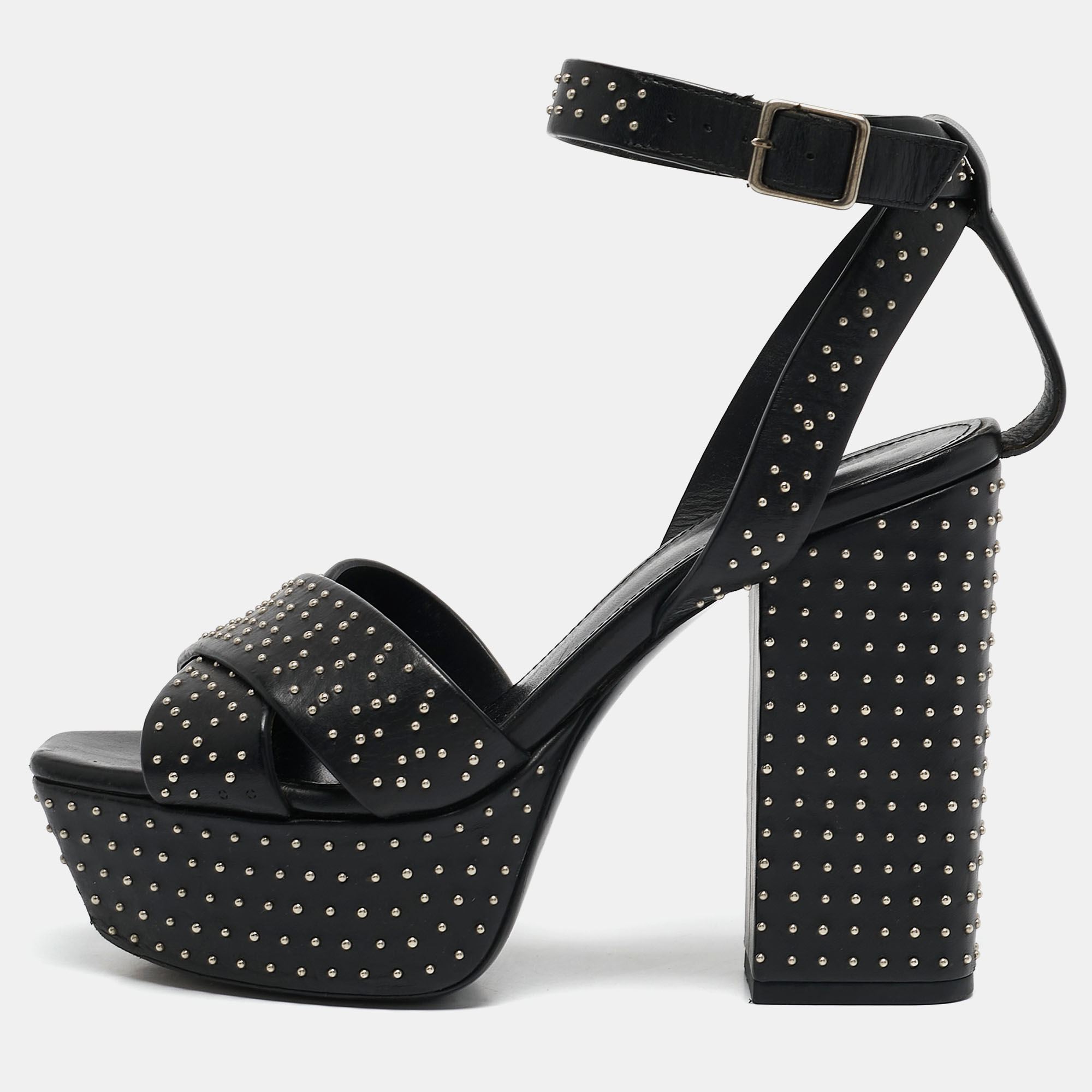 

Saint Laurent Black Leather Studded Farrah Criss Cross Platform Sandals Size