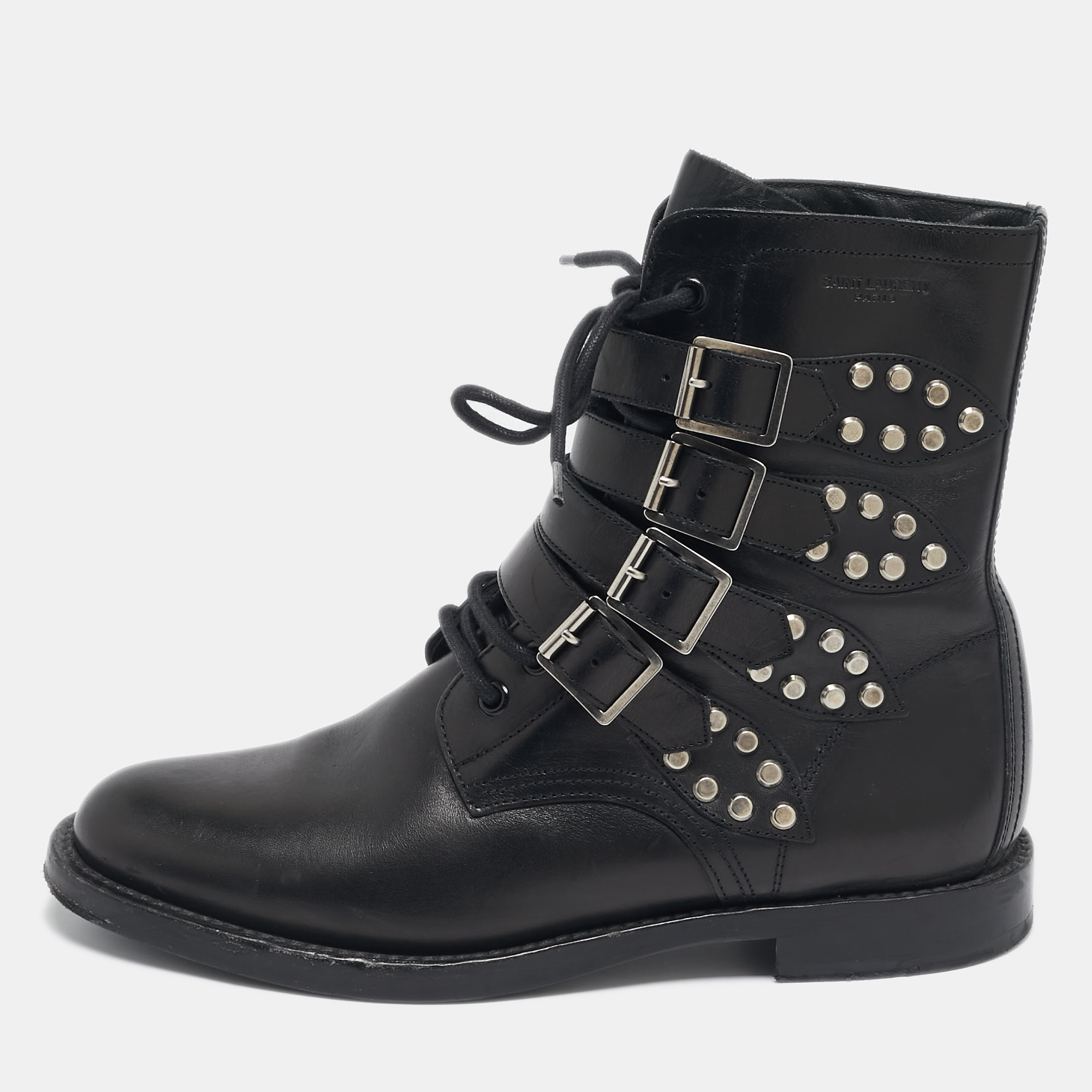 

Saint Laurent Black Leather Studded Rangers Ankle Boots Size