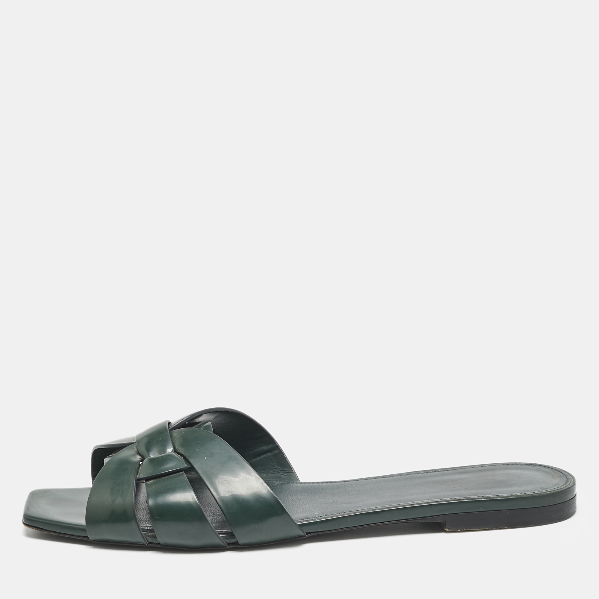 

Saint Laurent Dark Green Patent Tribute Flat Slides Size