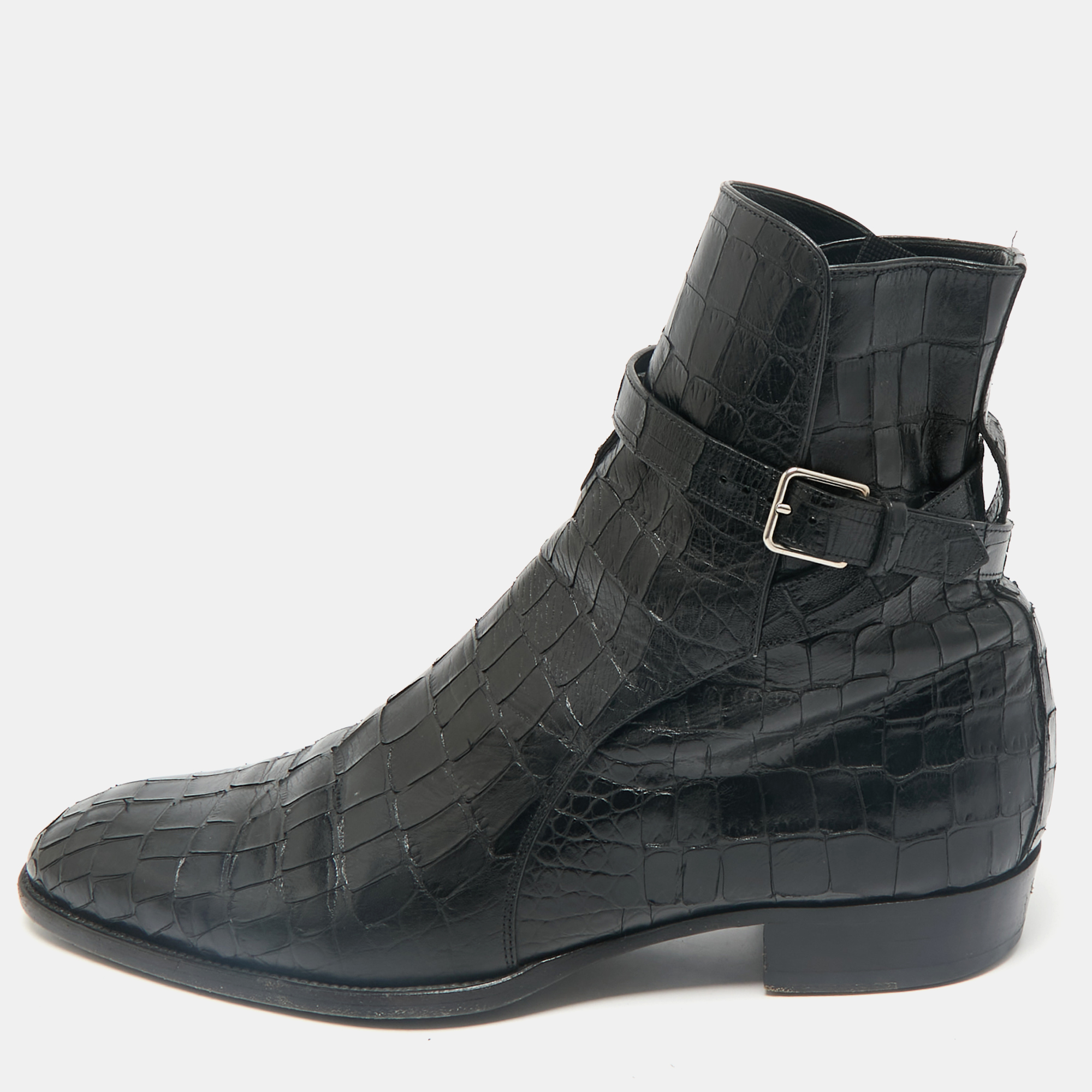 Pre-owned Saint Laurent Black Croc Embossed Leather Wyatt Ankle Length Boots Size 41.5