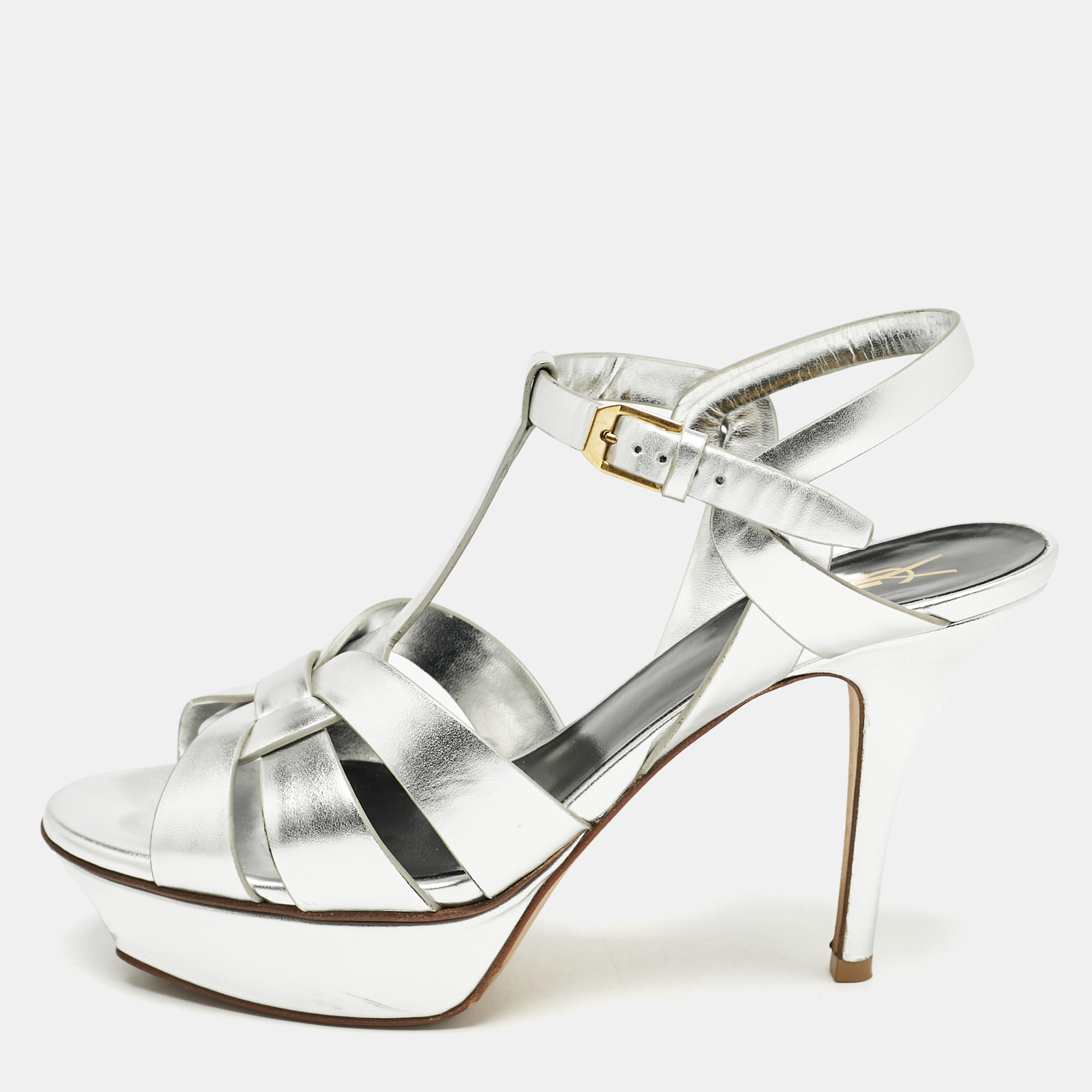 

Saint Laurent Silver Leather Tribute Platform Sandals Size