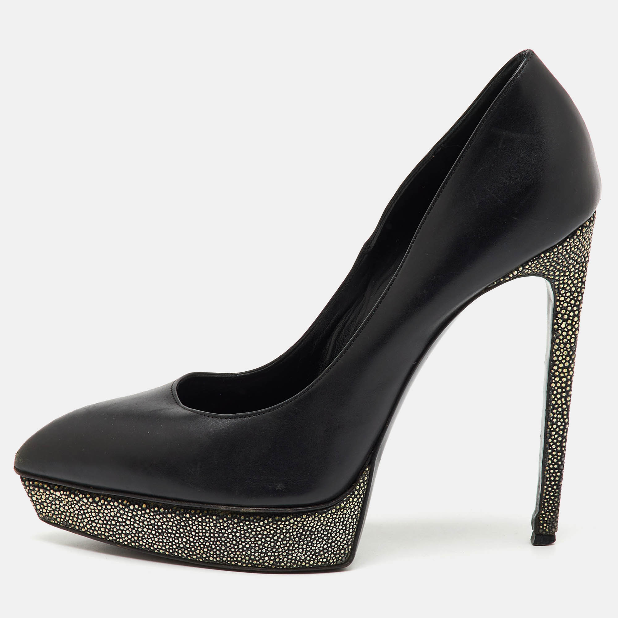 Pre-owned Saint Laurent Black Leather Janis Pointed Toe Platform Pumps Size 40