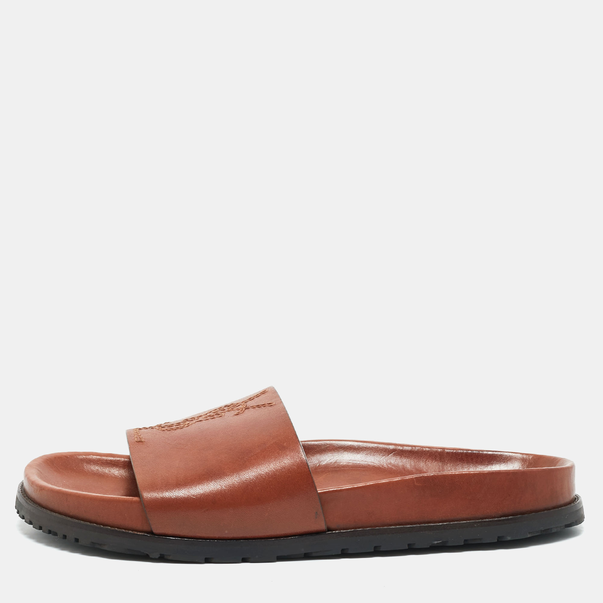 

Saint Laurent Brown Leather Joan Flat Slide Sandals Size