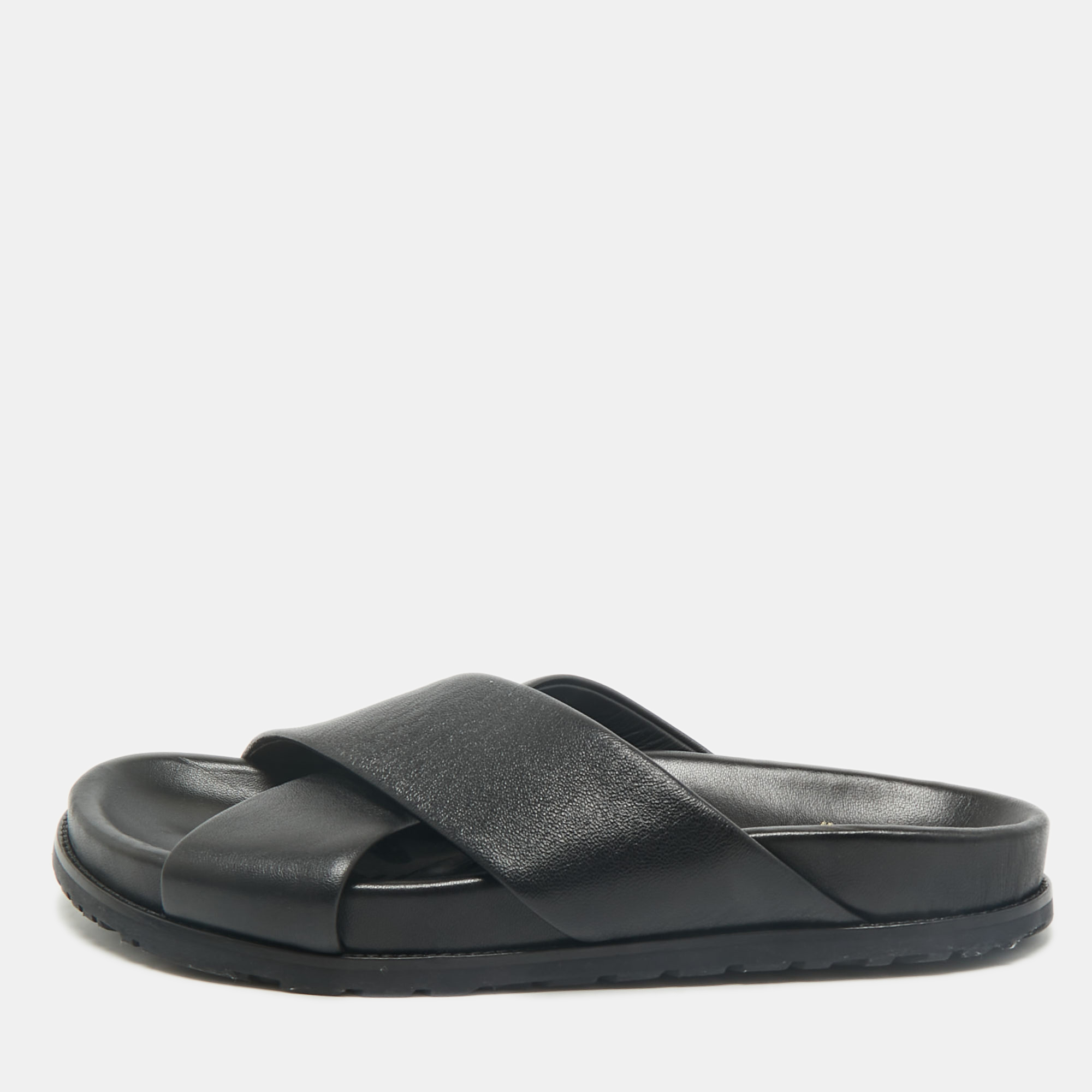 

Saint Laurent Black Leather Crisscross Flat Slides Size