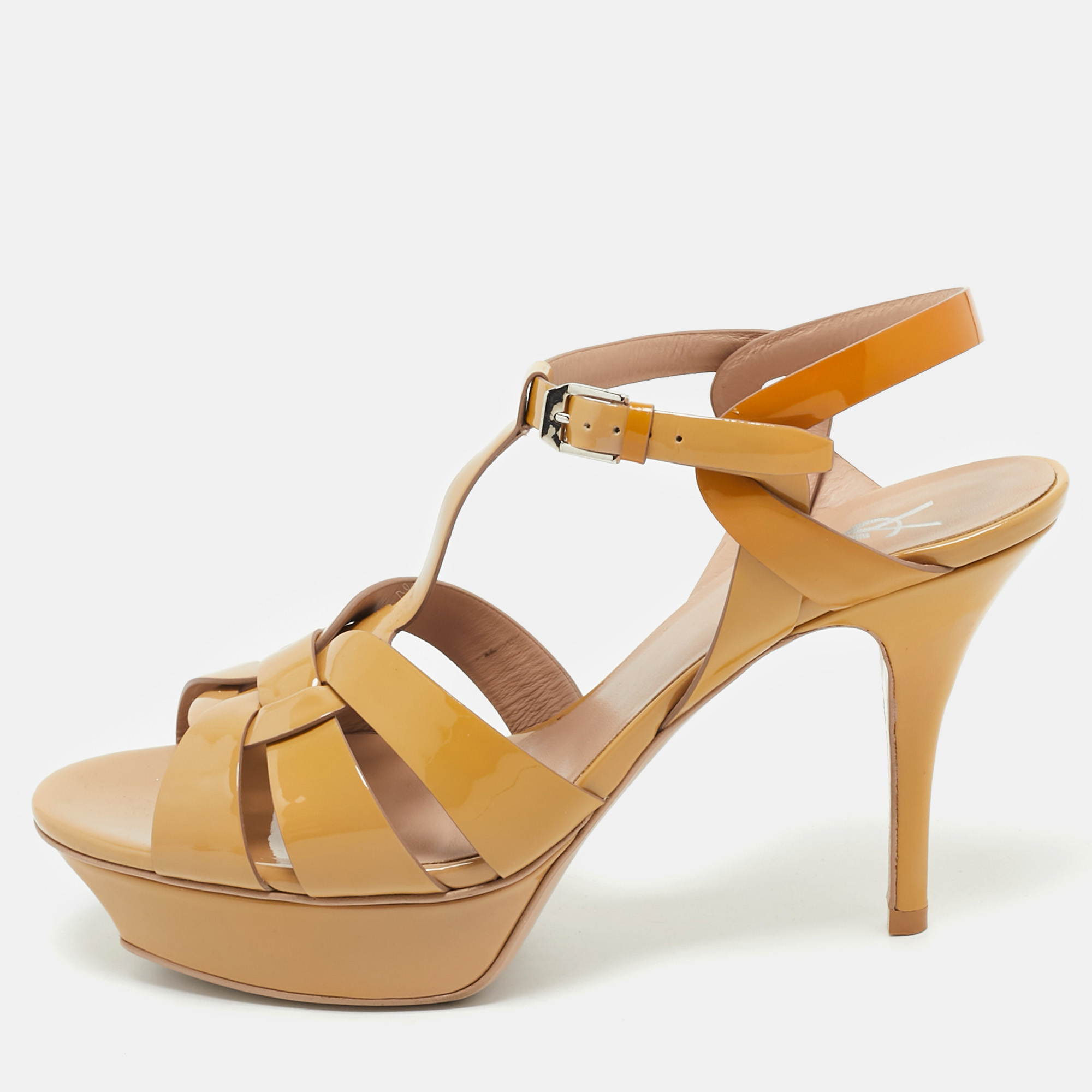 Saint Laurent Beige Patent Leather Tribute Platform Sandals Size 39.5