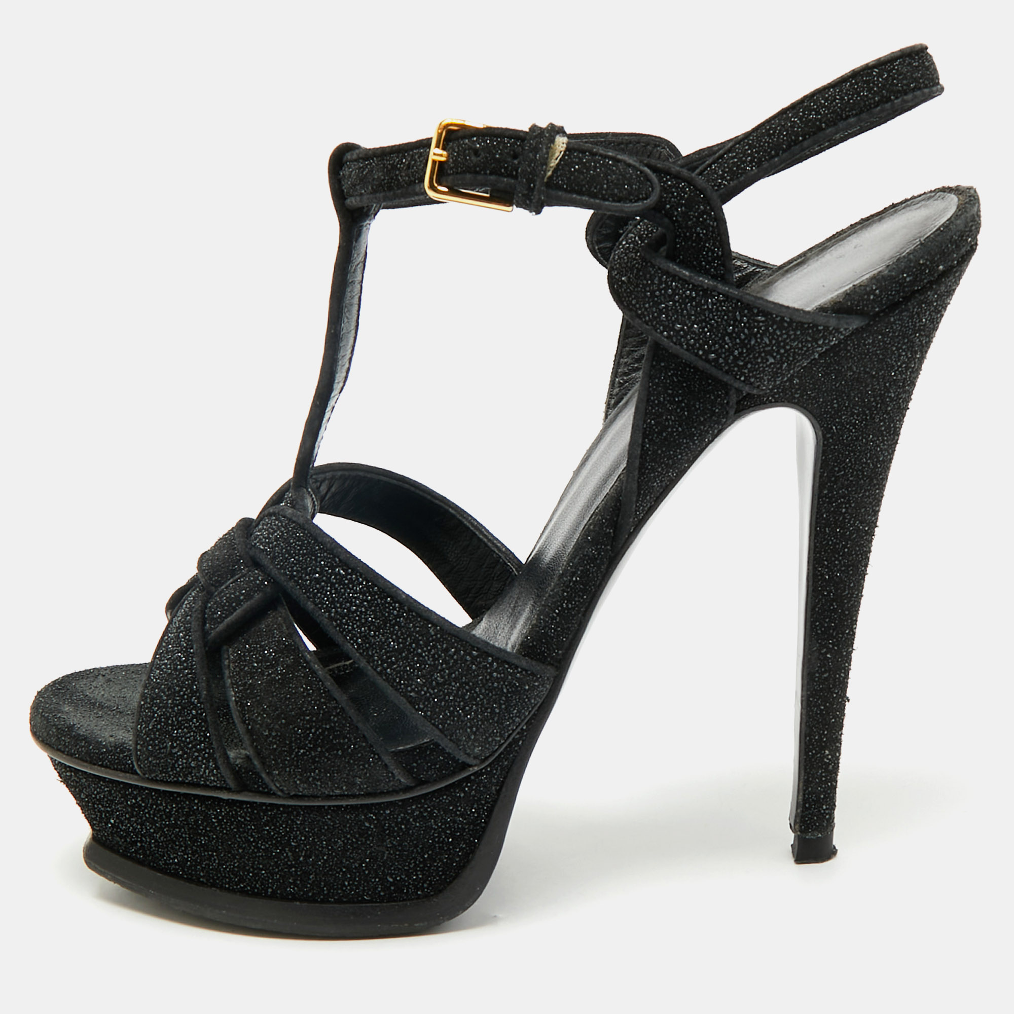 

Saint Laurent Paris Black Glitter and Suede Tribute Platform Sandals Size