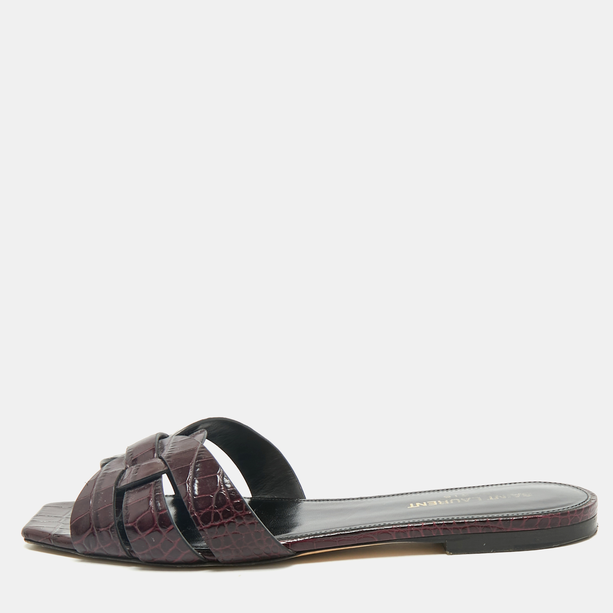 

Saint Laurent Purple Croc Embossed Leather Tribute Flat Slides Size