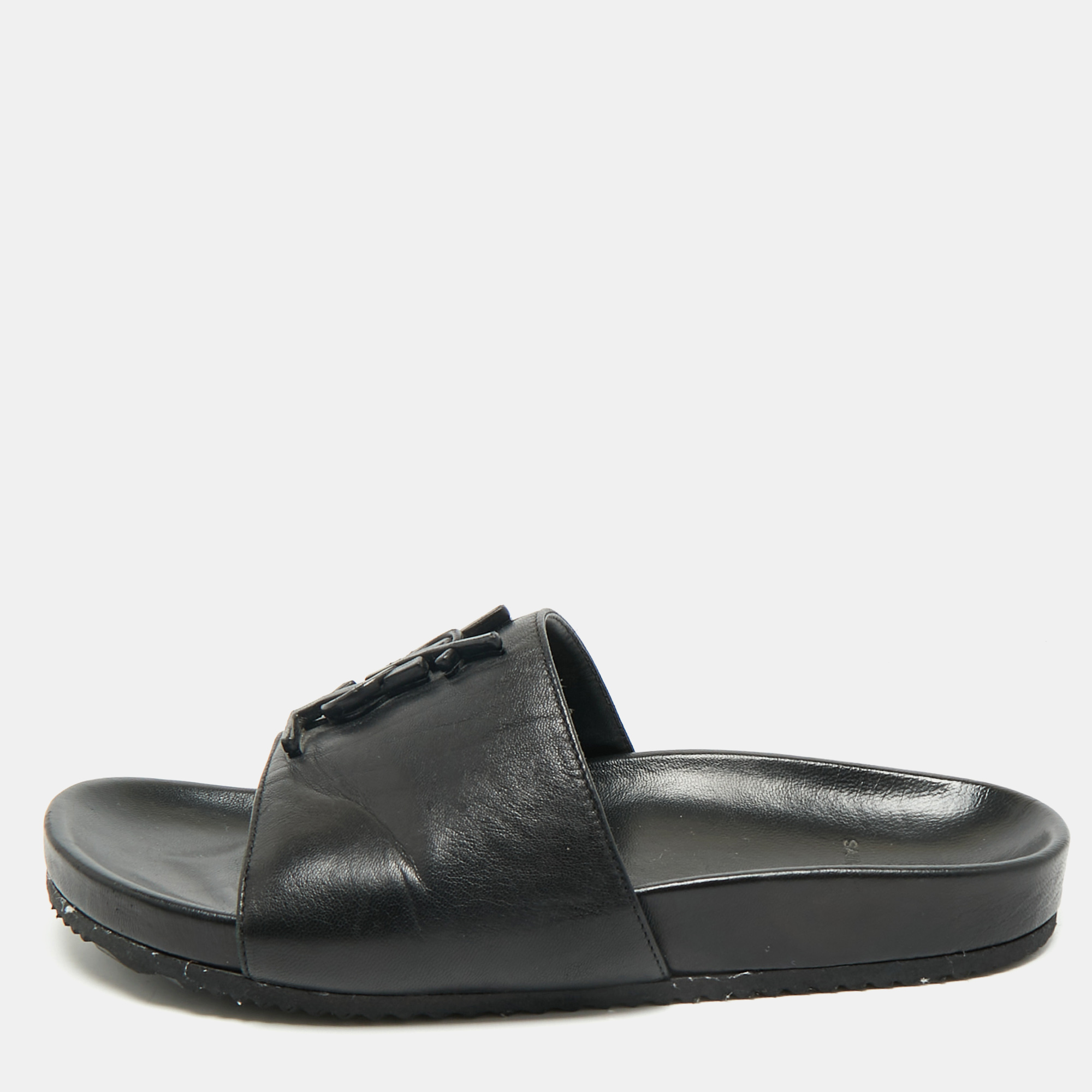 

Saint Laurent Black Leather Joan Flat Slide Sandals Size