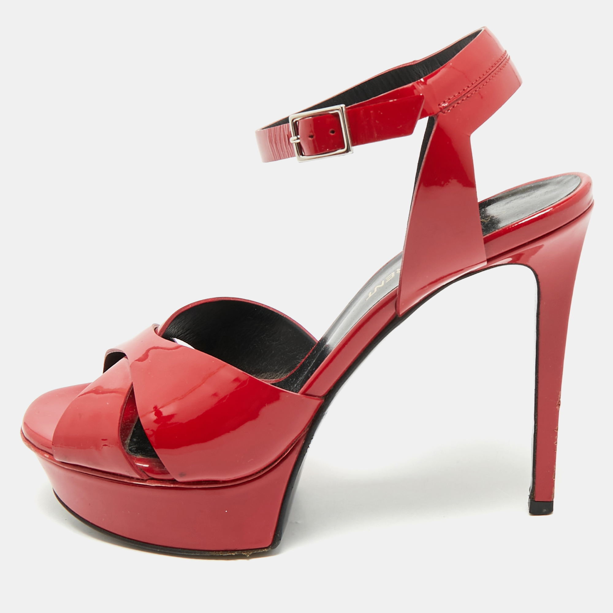 Pre-owned Saint Laurent Red Patent Leather Ankle Strap Platform Sandals Size 36
