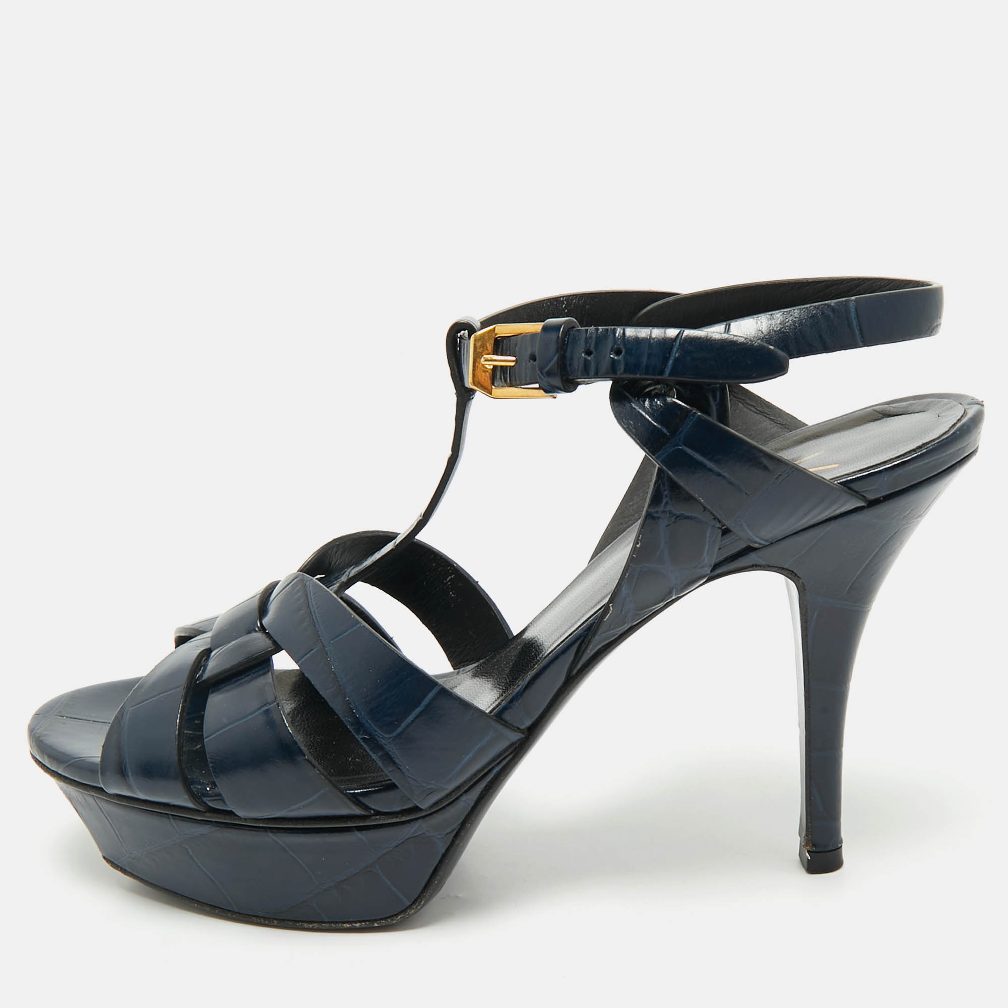 

Saint Laurent Dark Blue Croc Embossed Leather Tribute Ankle Strap Sandals Size