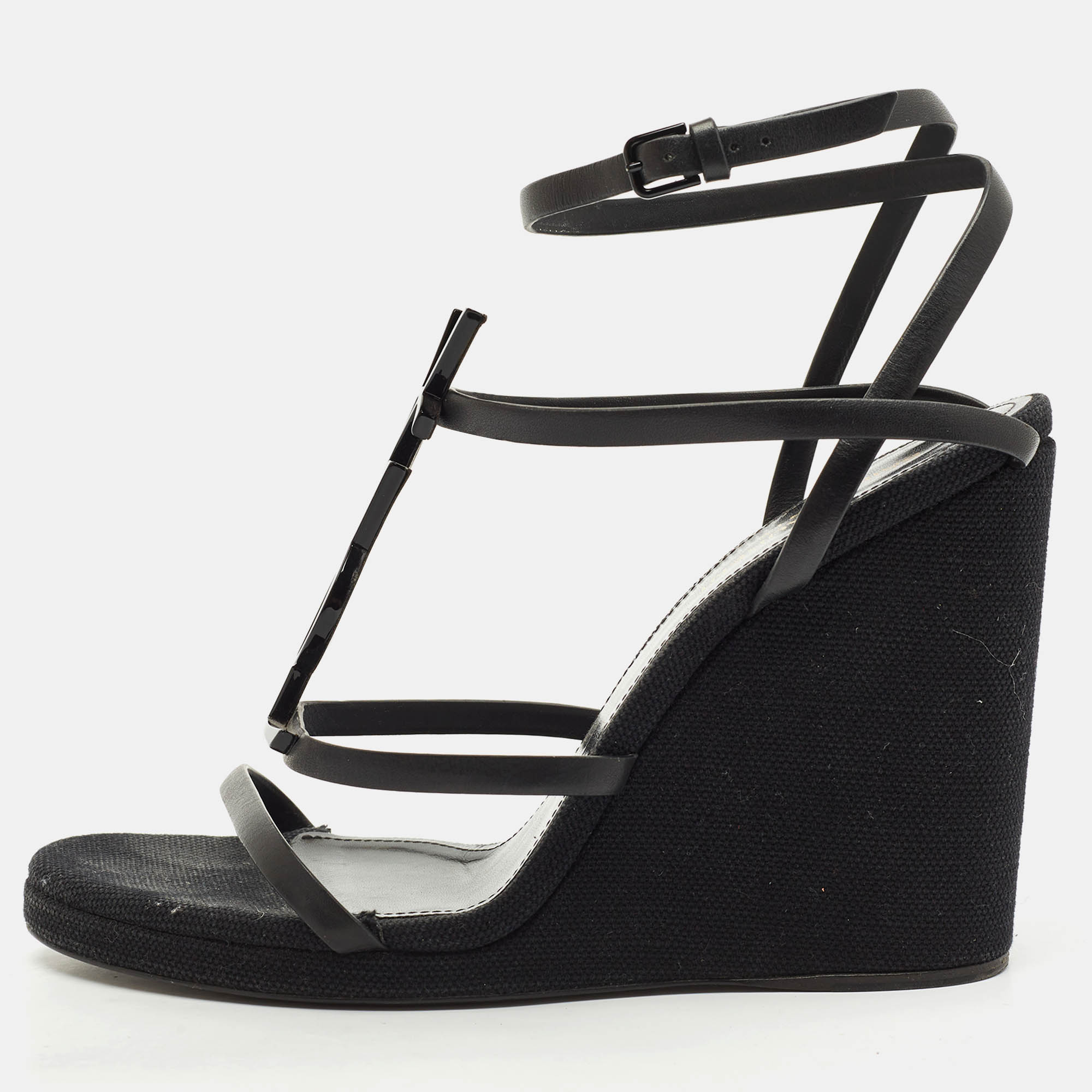 

Saint Laurent Black Leather Cassandra Wedge Strappy Sandals Size