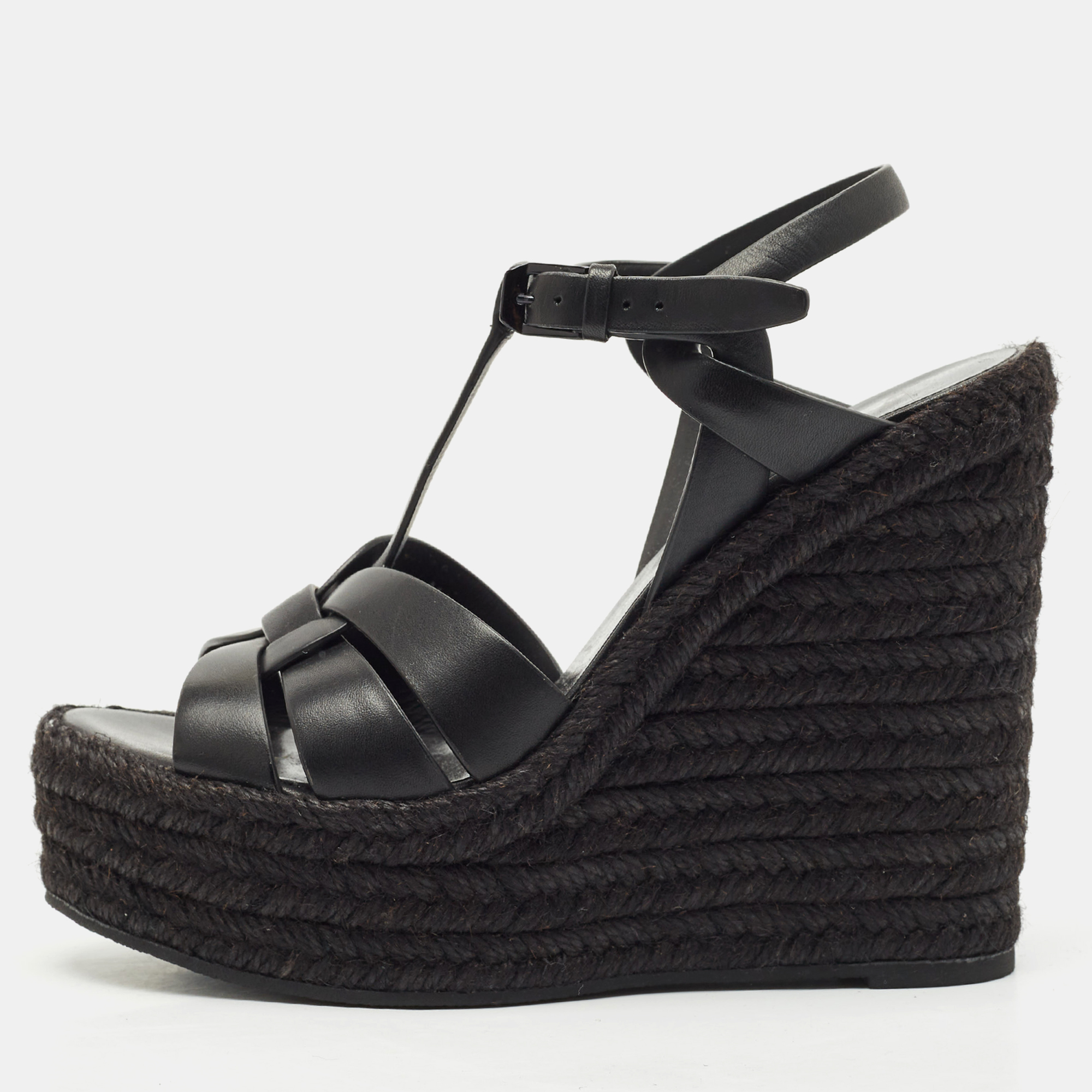

Saint Laurent Black Leather Tribute Wedge Espadrille Sandals Size