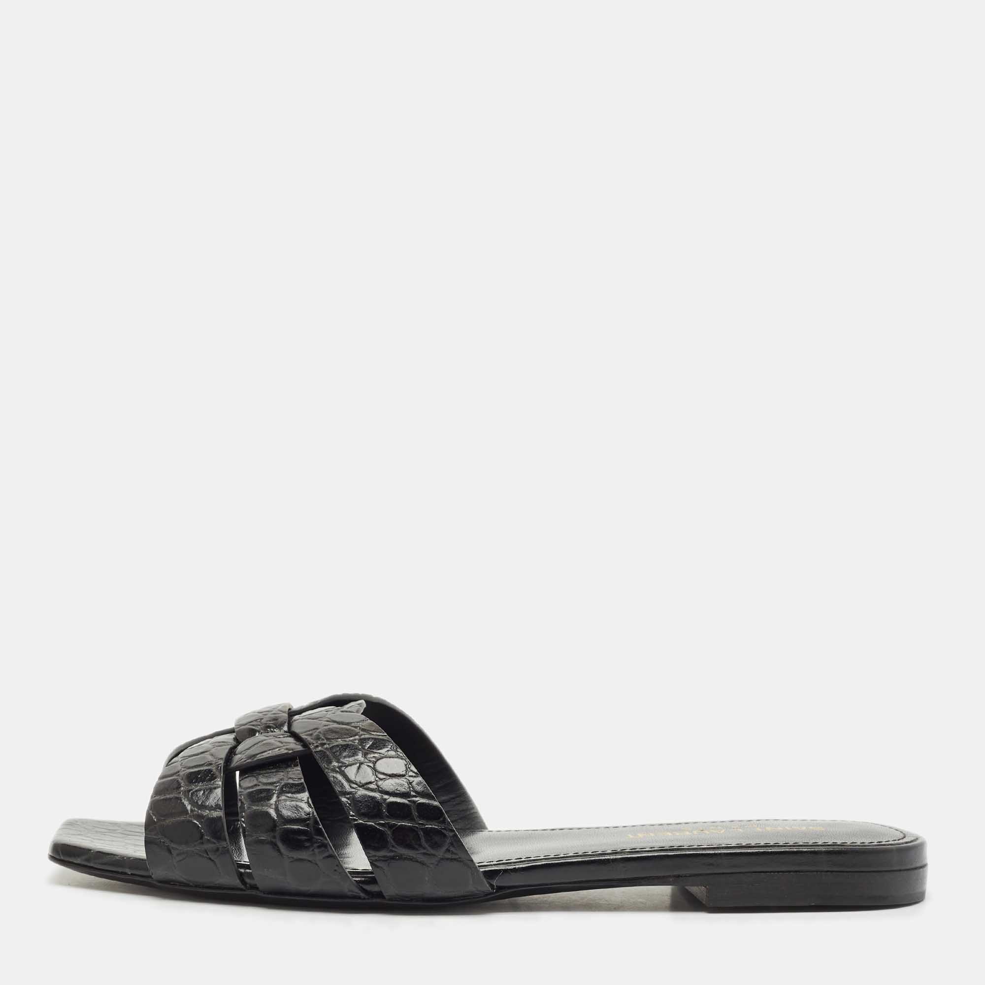 

Saint Laurent Black Croc Embossed Leather Tribute Flat Slides Size