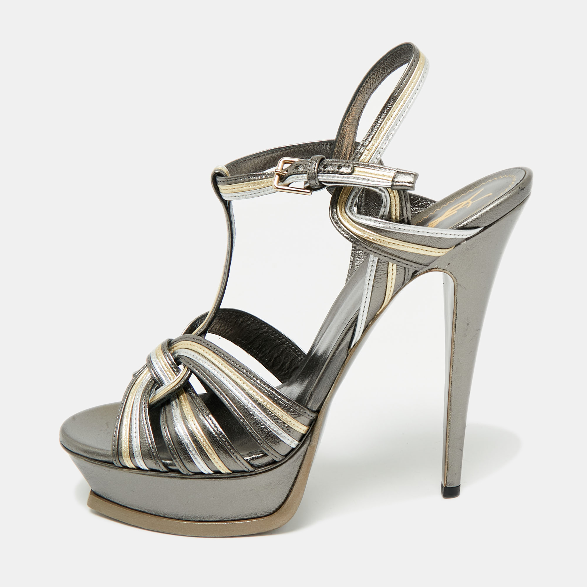 

Saint Laurent Metallic Leather Tribute Sandals Size