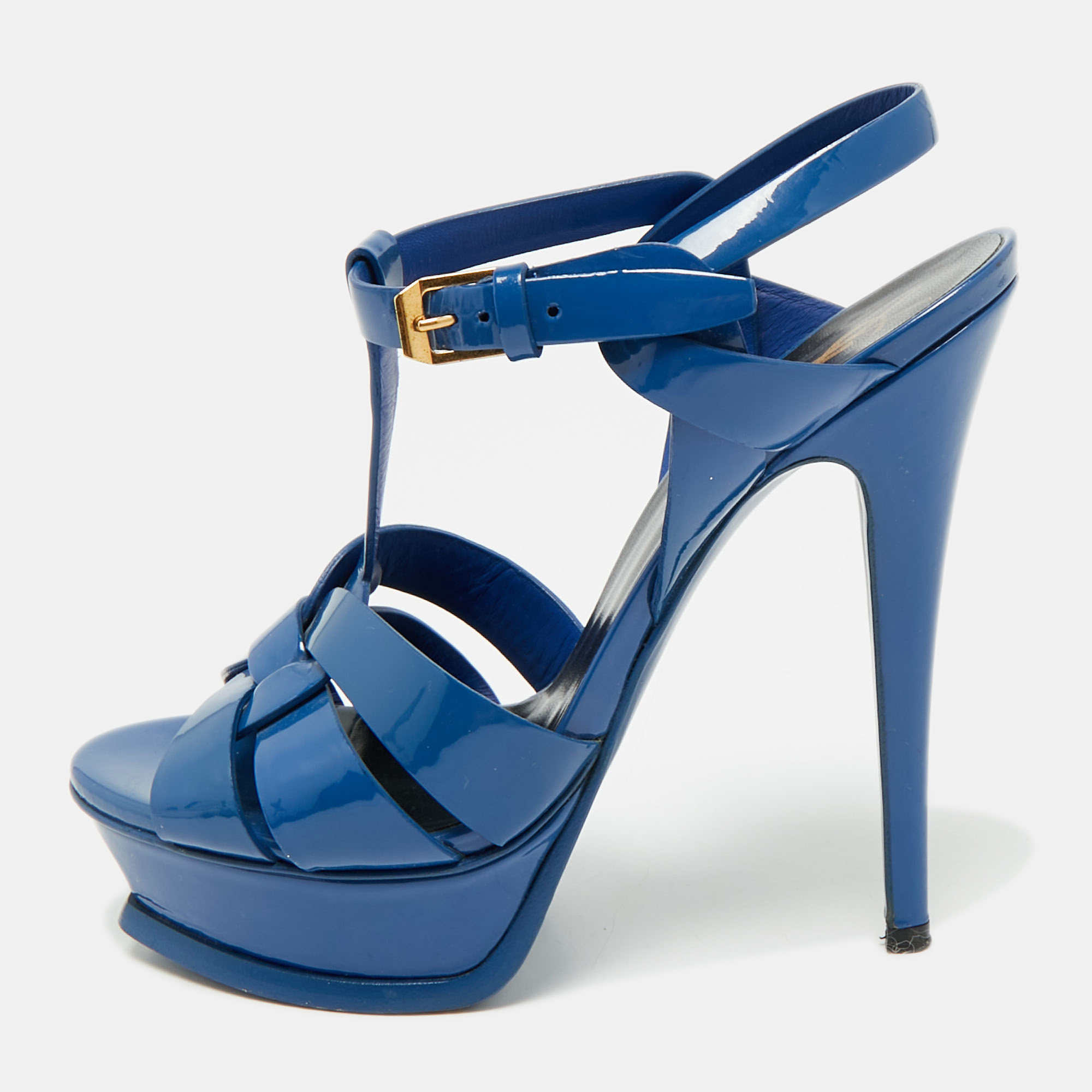 

Saint Laurent Blue Patent Leather Tribute Platform Sandals Size