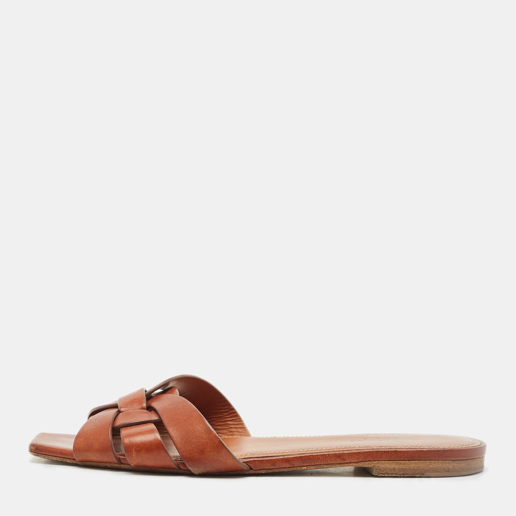 

Saint Laurent Brown Leather Tribute Flat Slides Size