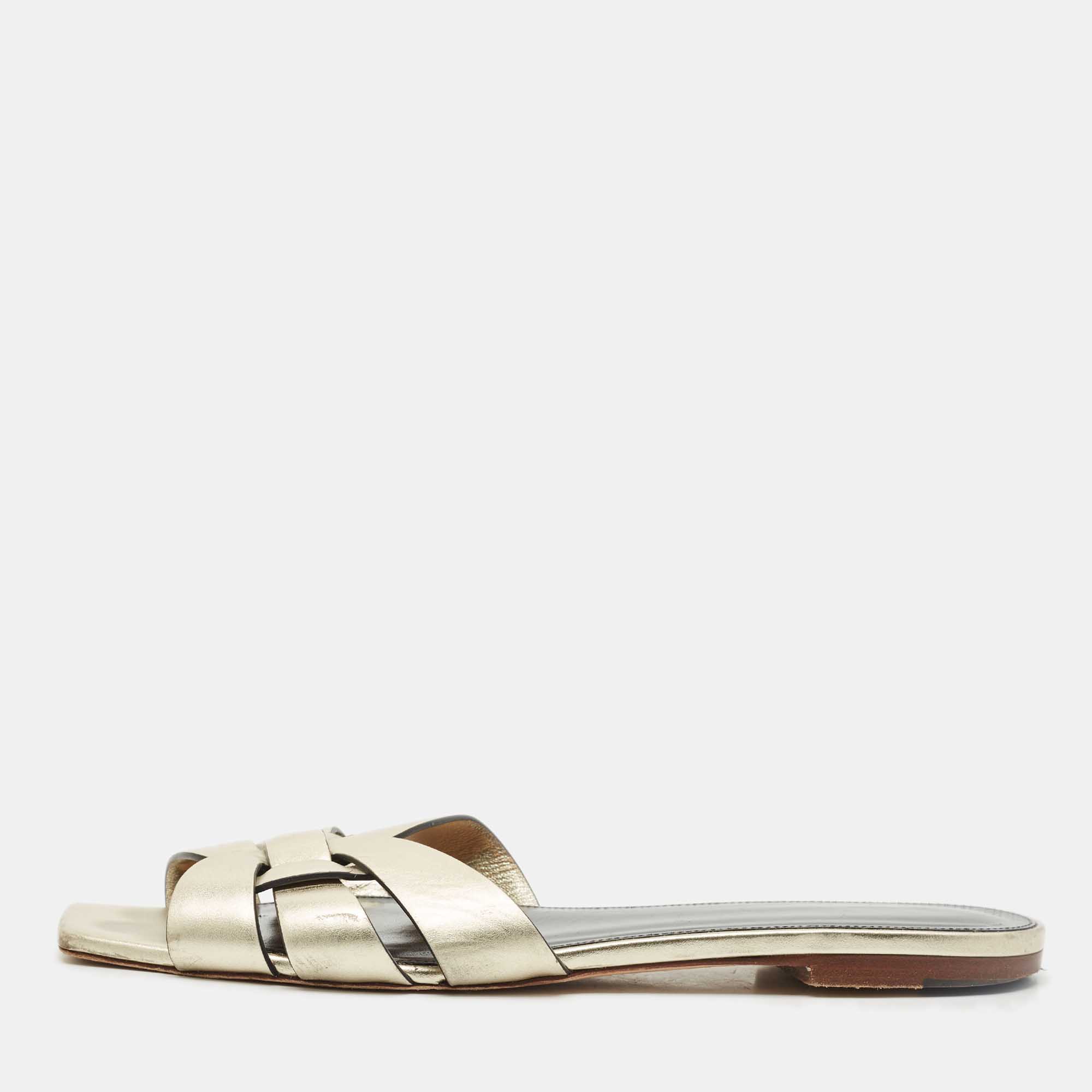 Pre-owned Saint Laurent Gold Leather Tribute Flat Sandals Size 40