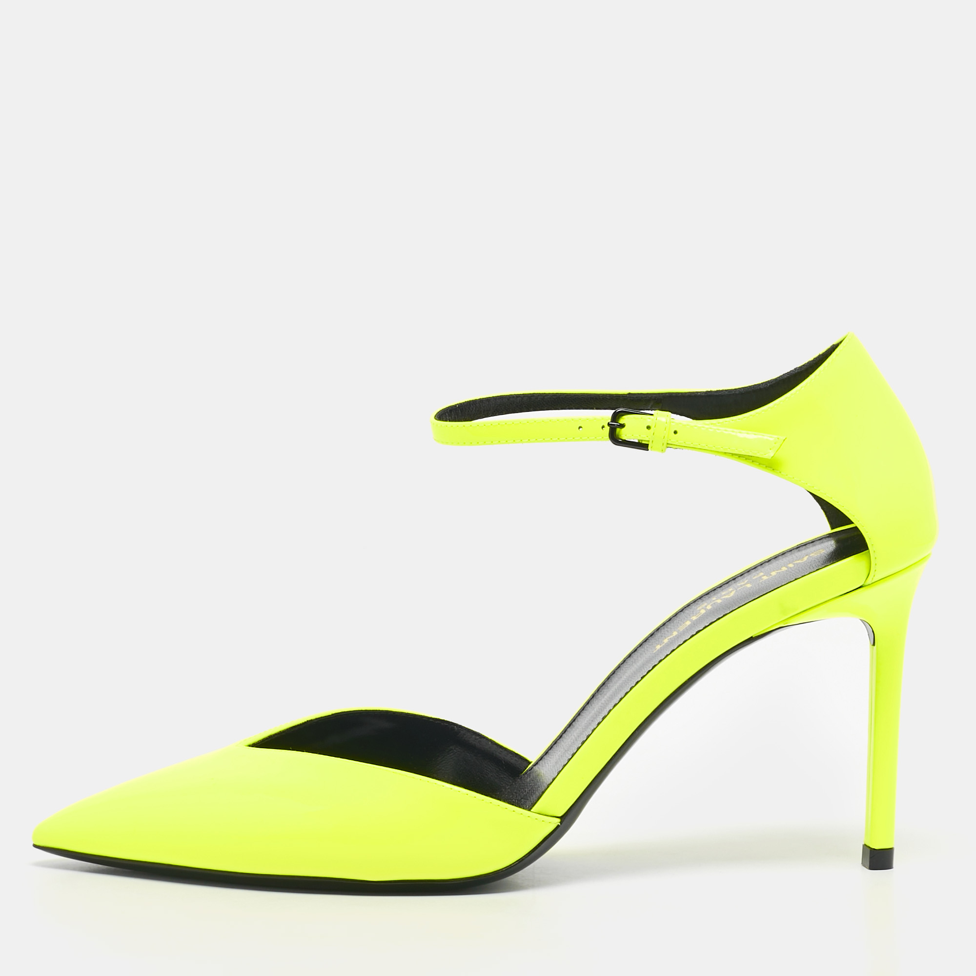 Pre-owned Saint Laurent Lime Green Patent Leather Anja Ankle Strap Pumps Size 39