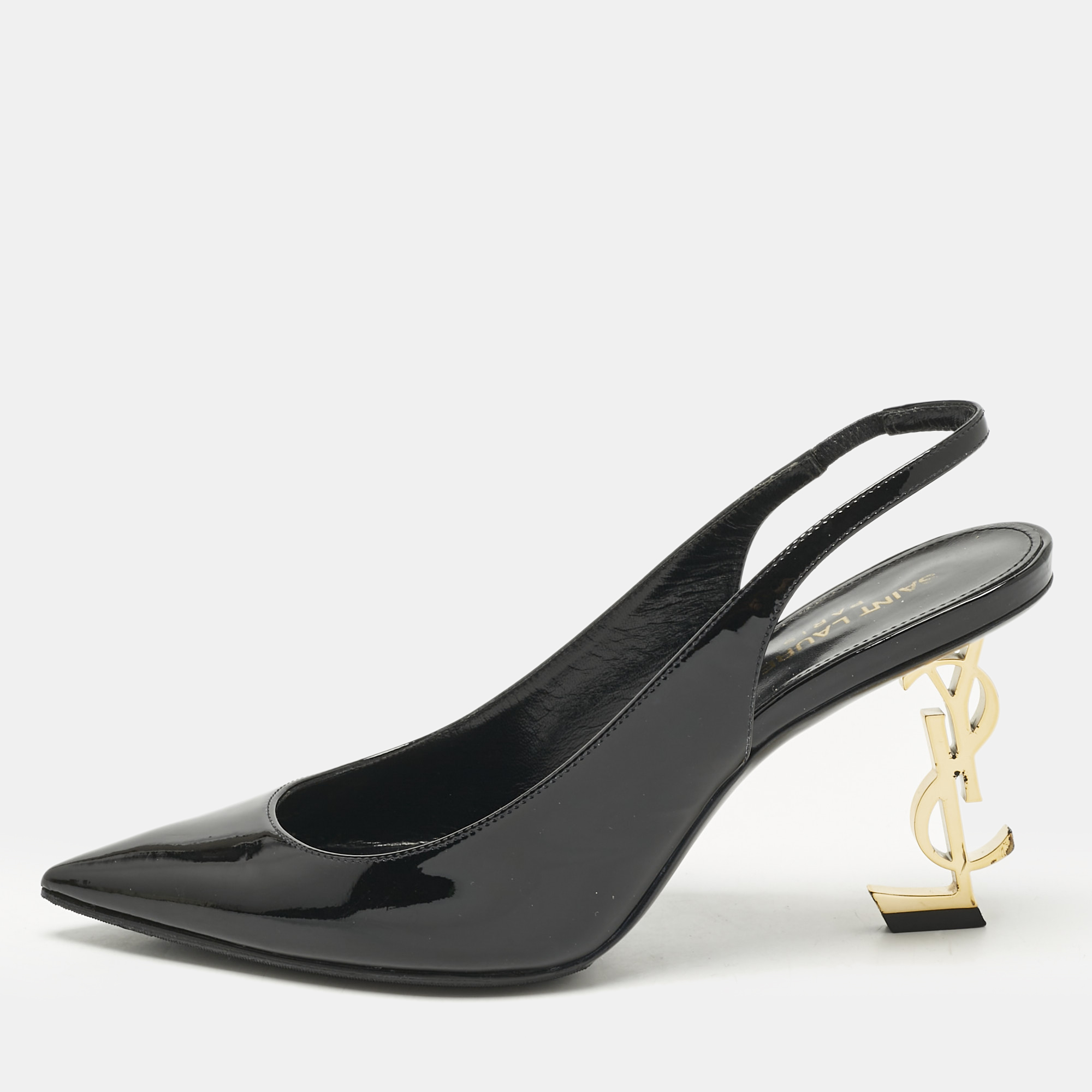 Pre-owned Saint Laurent Black Patent Leather Opyum Slingback Pumps Size 37
