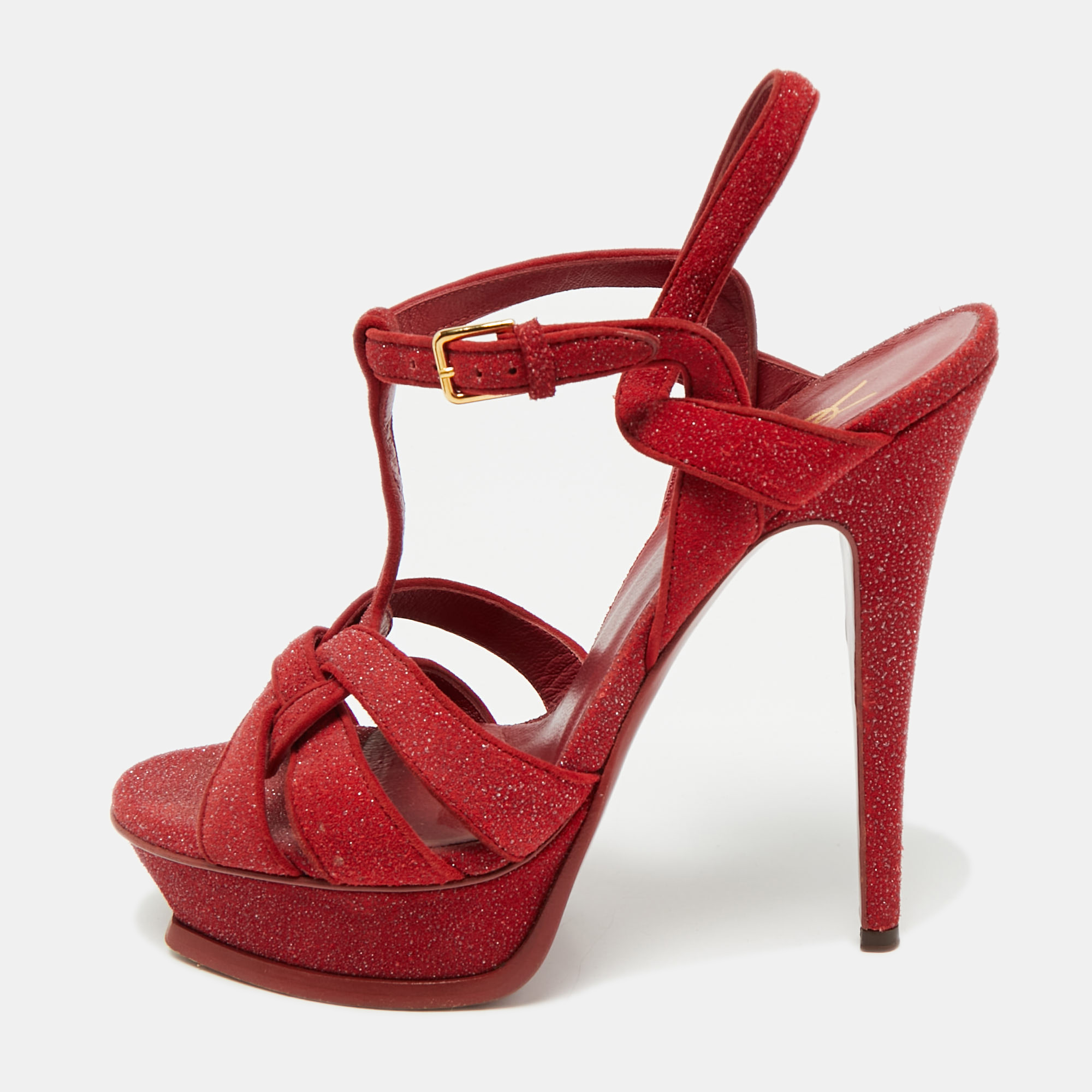 Pre-owned Saint Laurent Red Suede And Quartz Tribute Platform Sandals Size 38