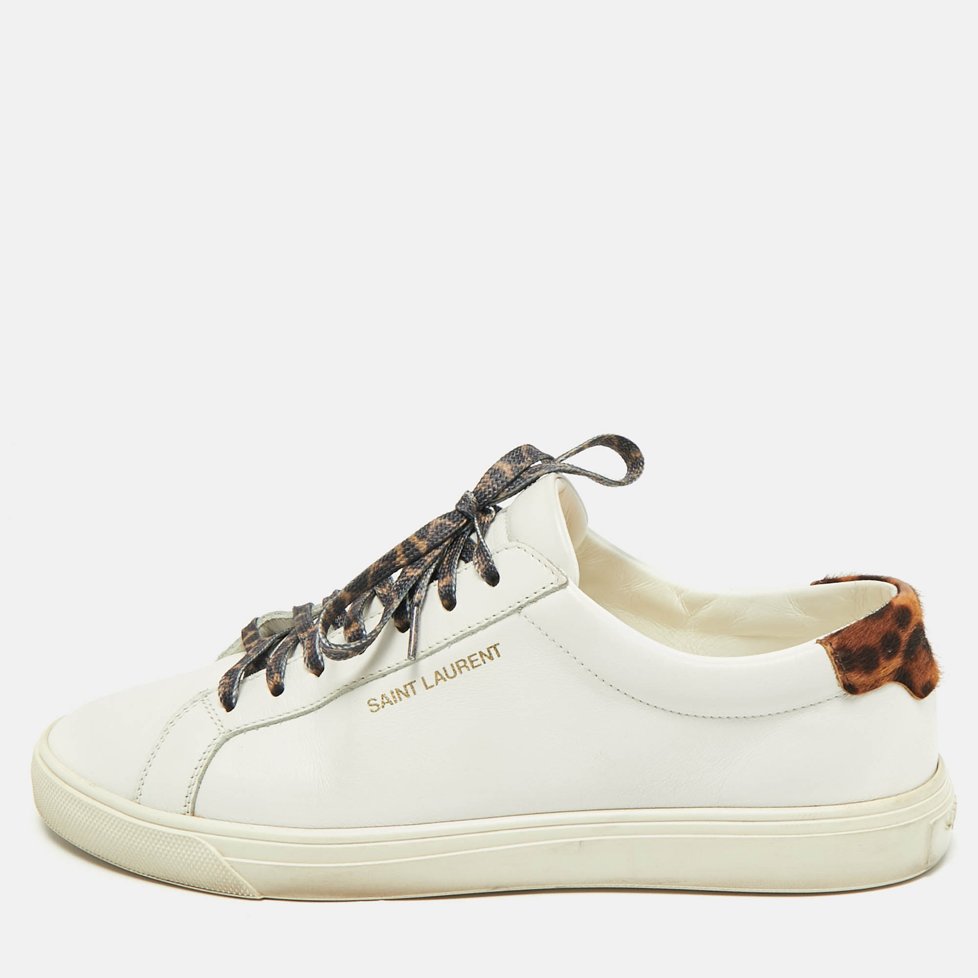 Pre-owned Saint Laurent White Leather And Pony Hair Leopard Print Andy Low Top Sneakers Size 38