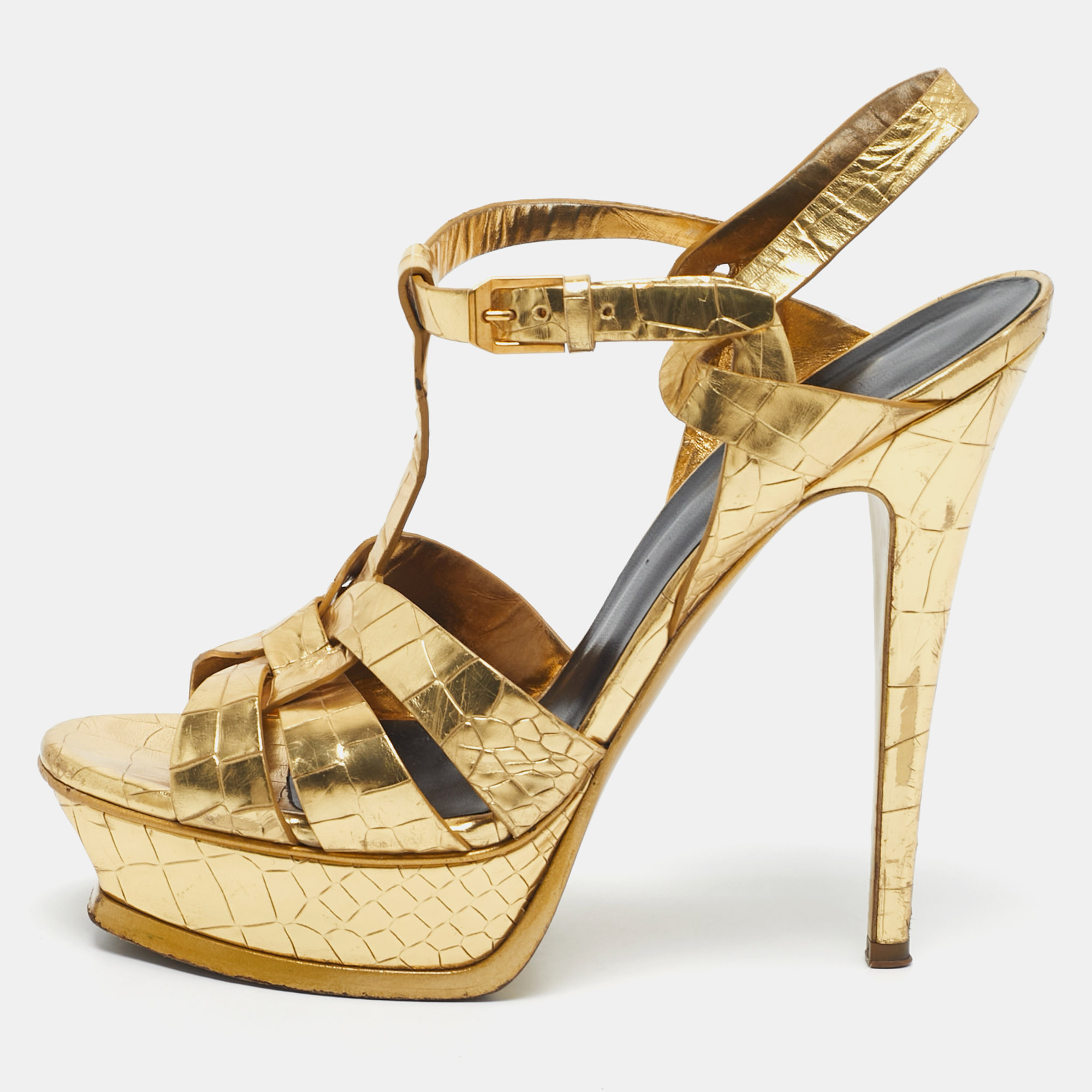 

Saint Laurent Gold Croc Embossed Leather Tribute Platform Sandals Size