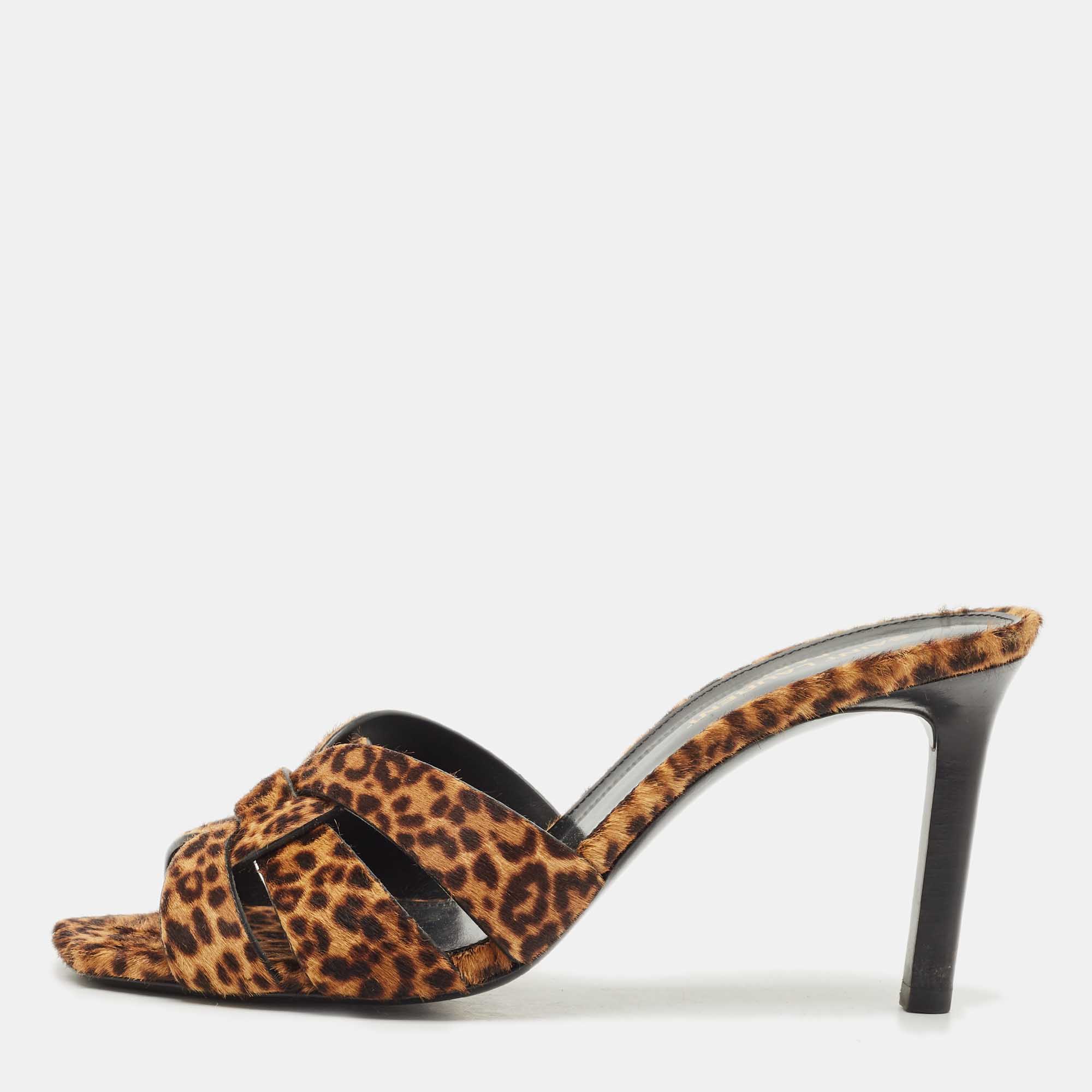 

Saint Laurent Brown/Black Calfhair Tribute Slide Sandals Size