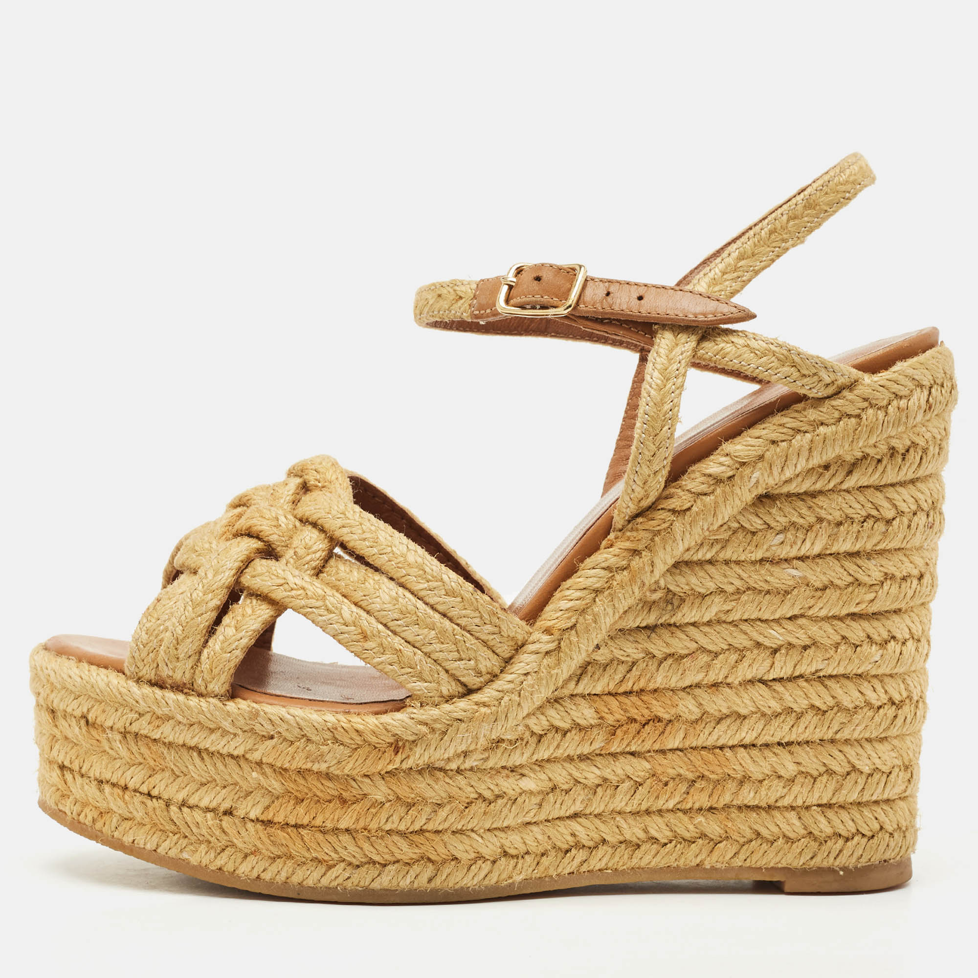 

Saint Laurent Beige Braided Jute Platform Wedge Ankle Strap Sandals Size