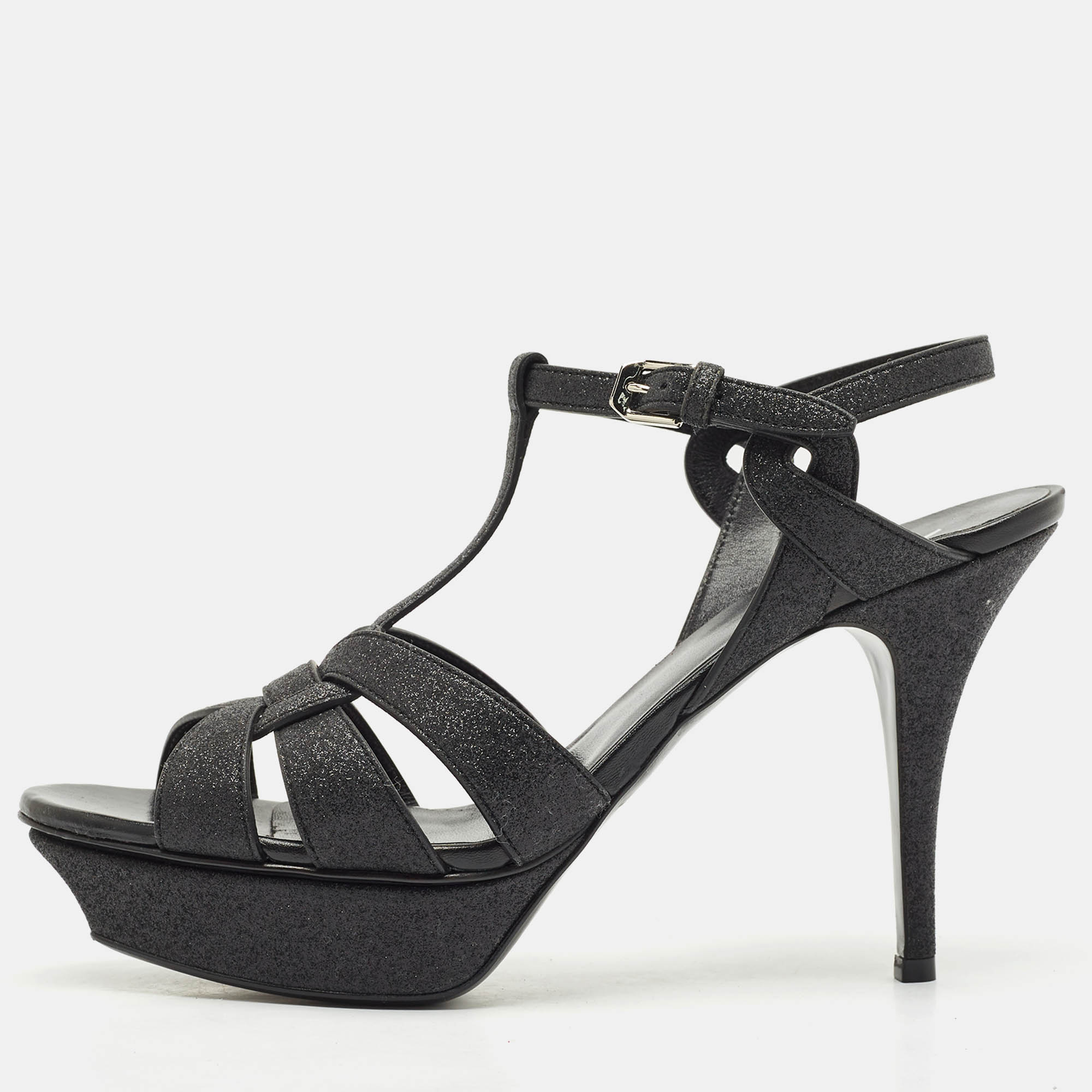 Pre-owned Saint Laurent Black Glitter And Suede Tribute Platform Sandals Size 41