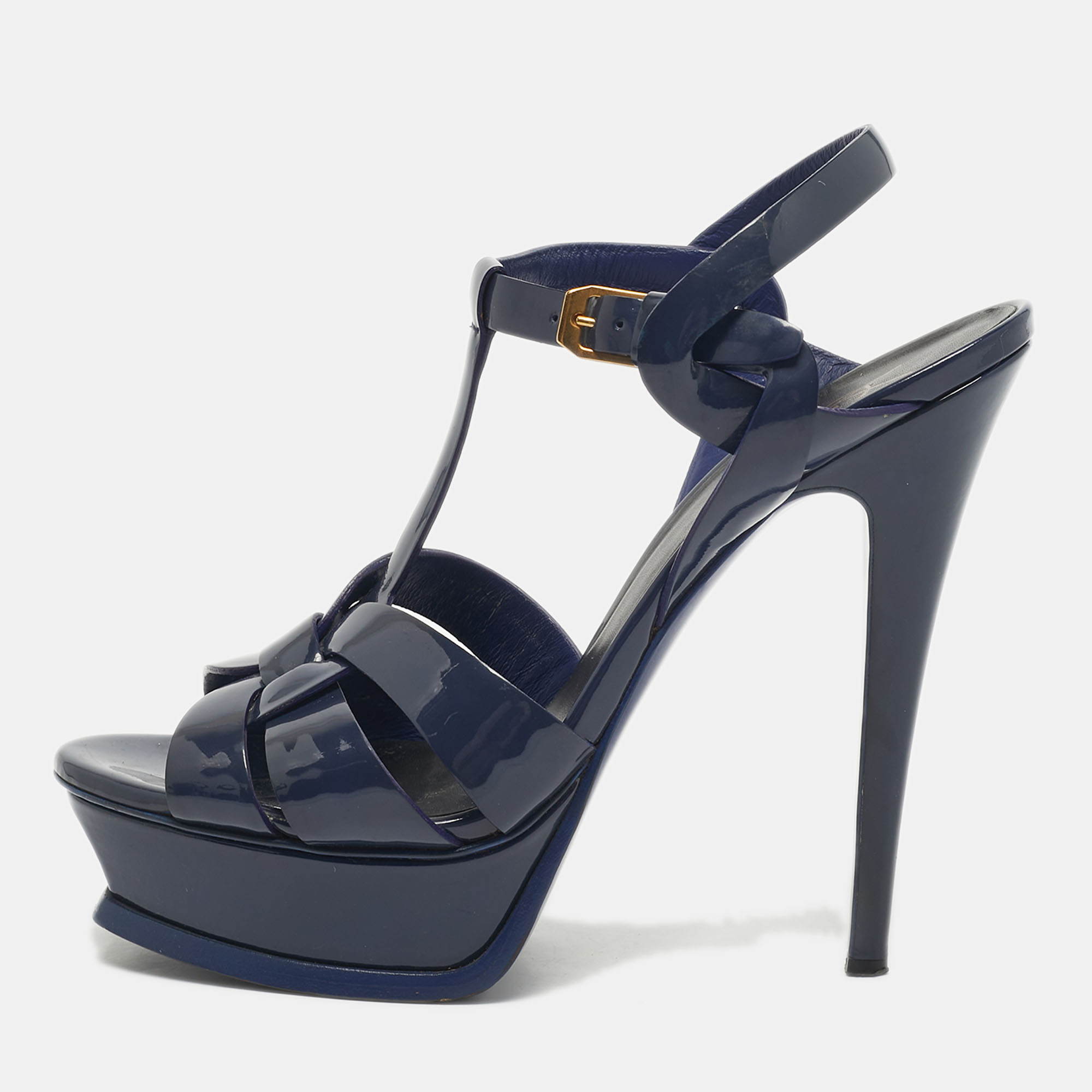 

Saint Laurent Navy Blue Patent Leather Tribute Ankle Strap Sandals Size