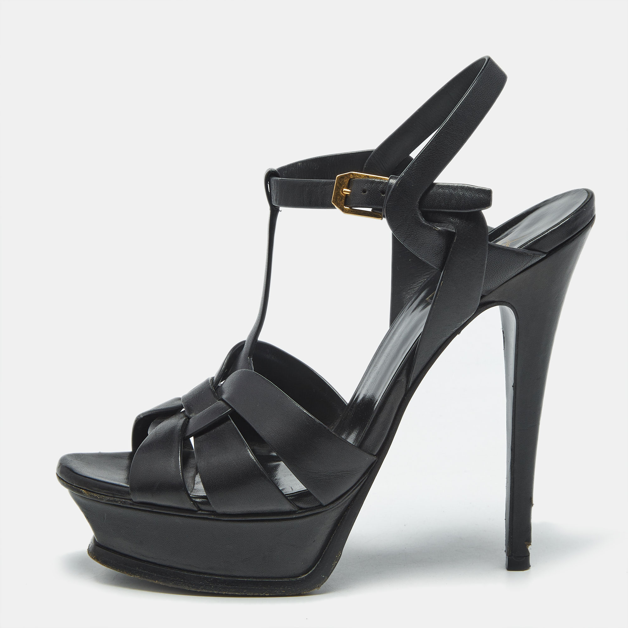 Pre-owned Saint Laurent Black Leather Tribute Platform Sandals Size 37.5