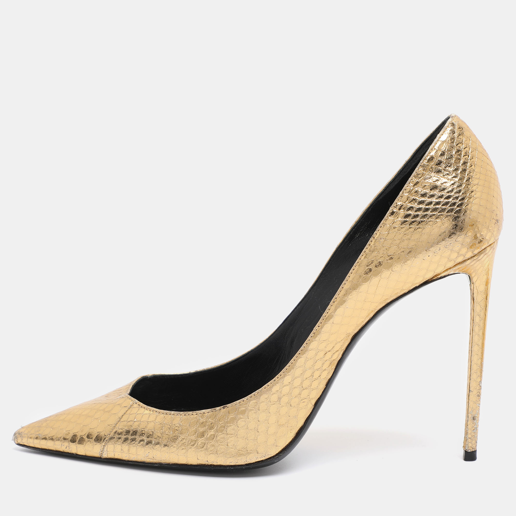 Pre-owned Saint Laurent Gold Python Embossed Leather Zoe Pointed Toe Pumps Size 42