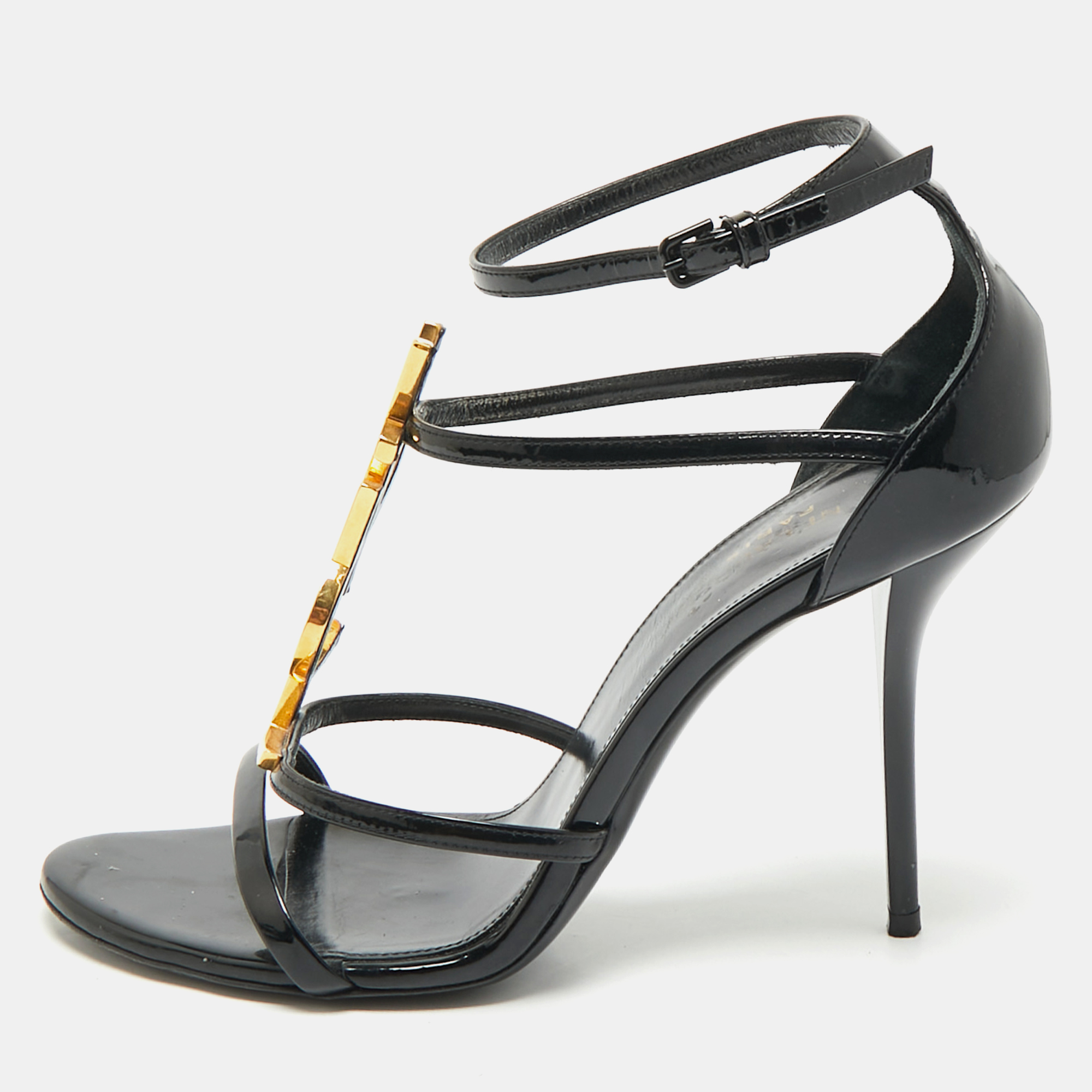 

Saint Laurent Black Patent Leather Cassandra Ankle Strap Sandals Size