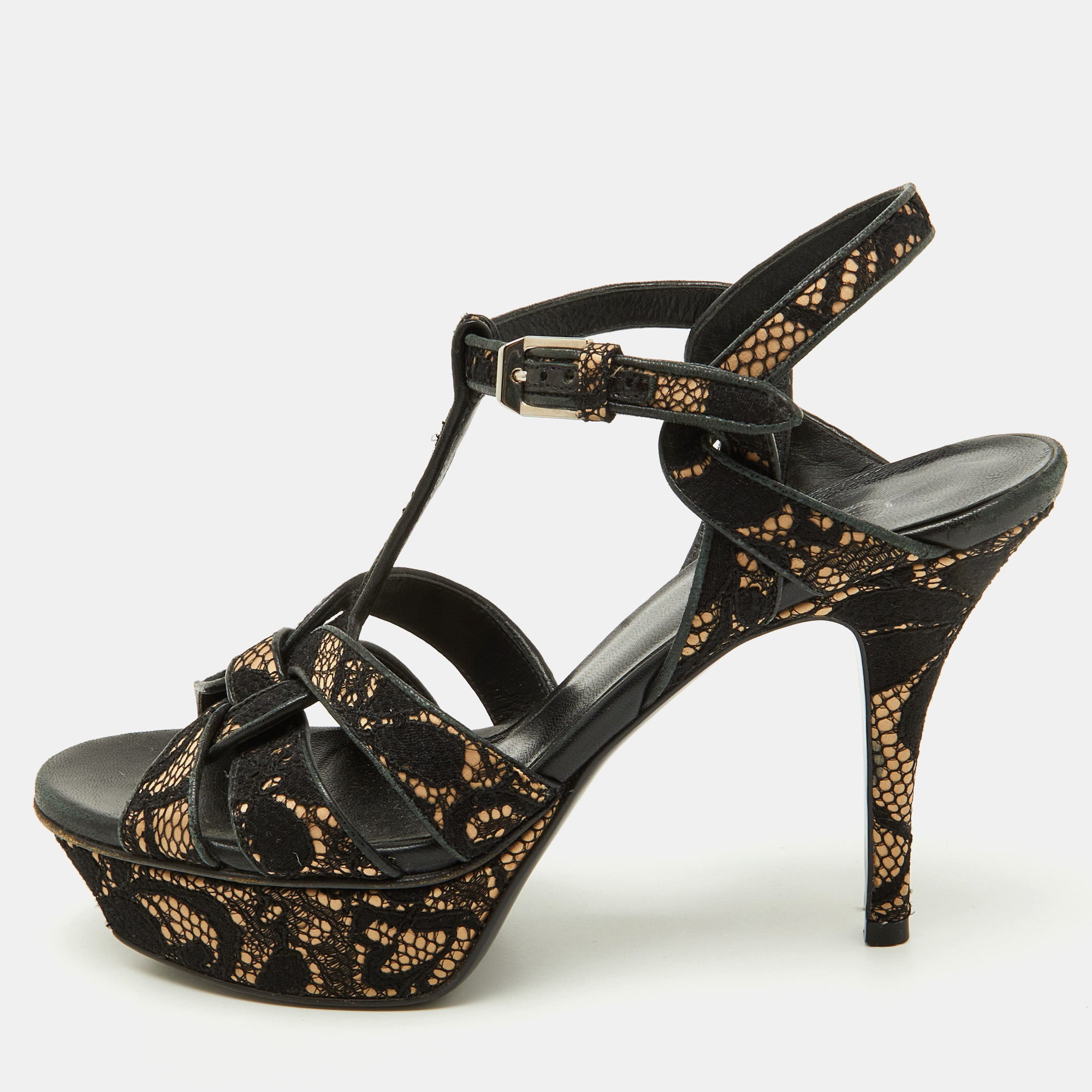 Pre-owned Saint Laurent Black/beige Floral Lace And Leather Tribute Platform Sandals Size 36.5