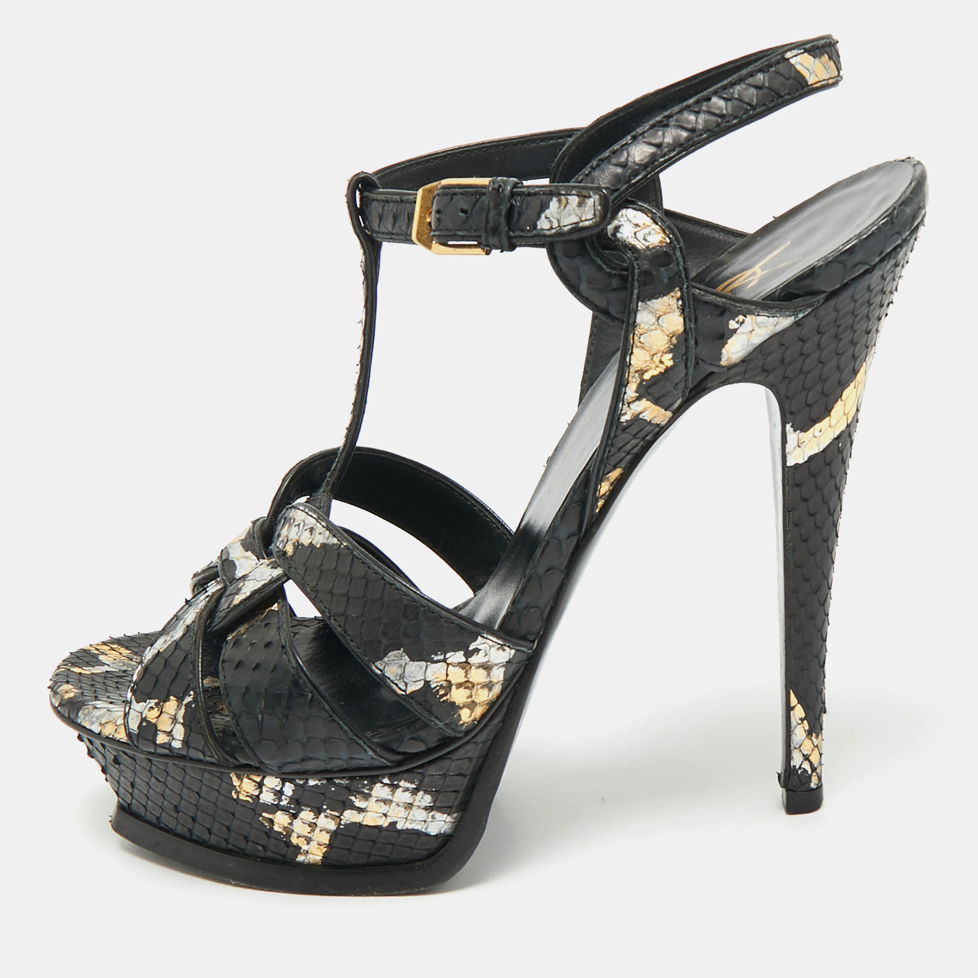 

Saint Laurent Black/Gold Snakeskin Tribute Platform Sandals Size