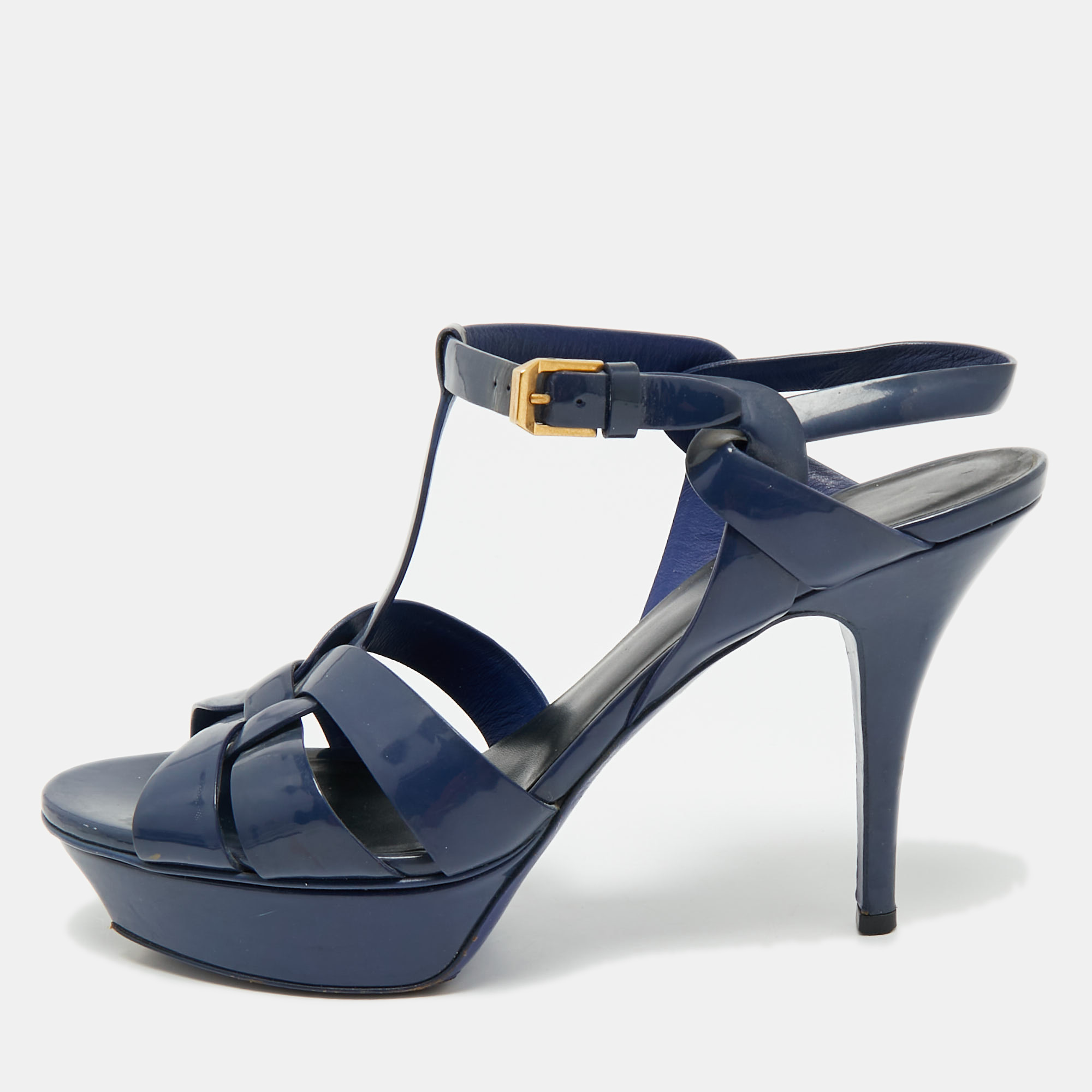 Pre-owned Saint Laurent Navy Blue Patent Leather Tribute Platform Sandals Size 40
