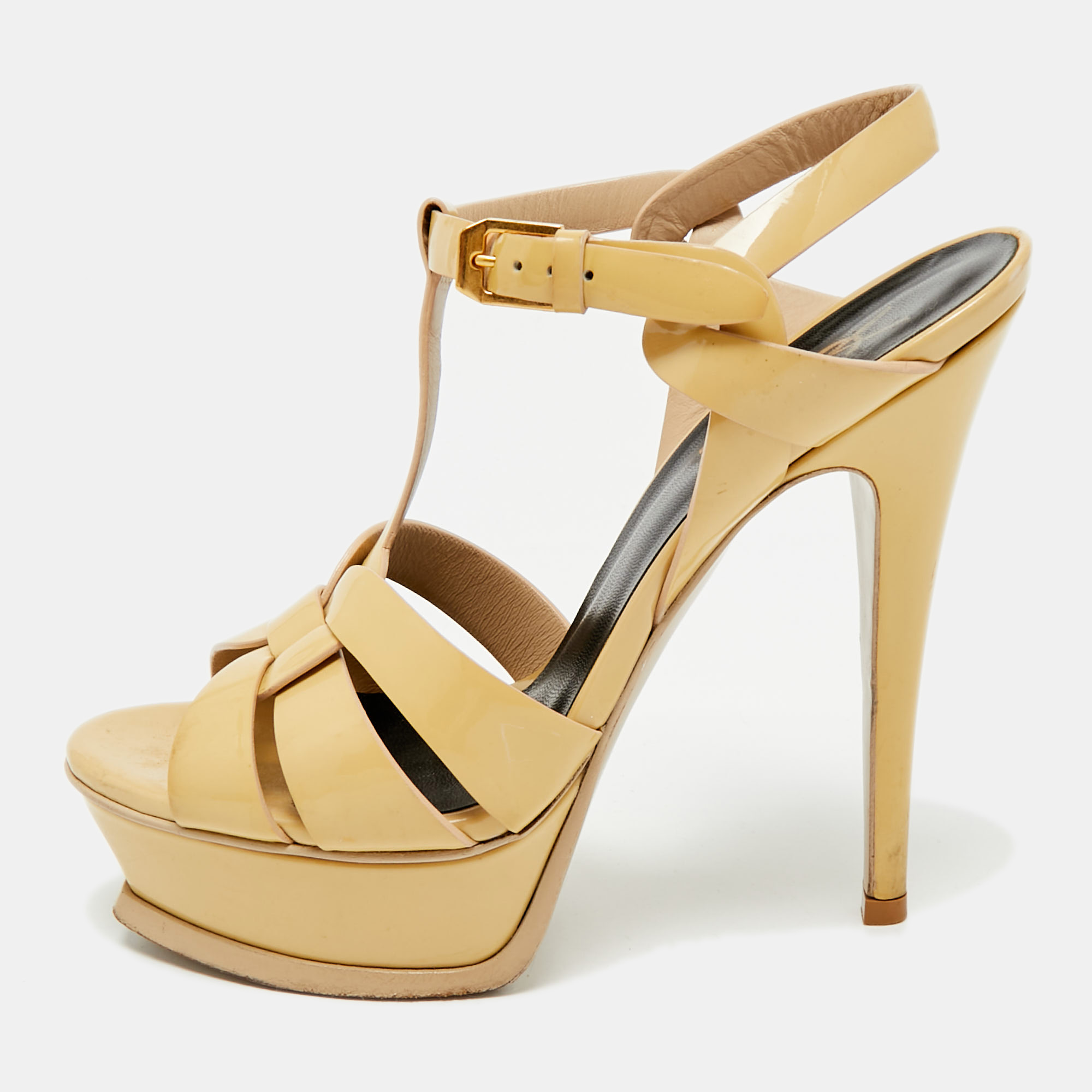 Pre-owned Saint Laurent Beige Patent Leather Platform Sandals Size 36