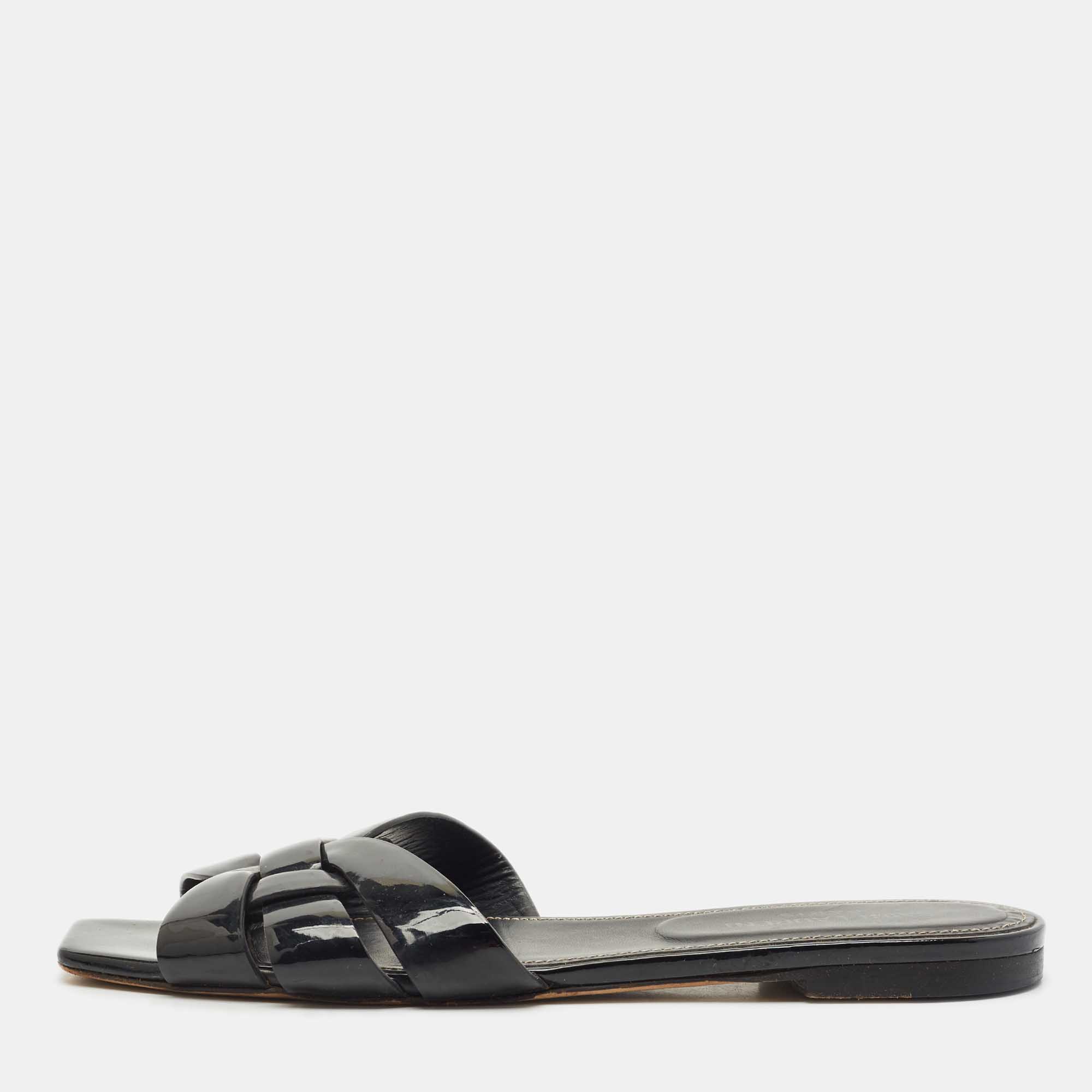 

Saint Laurent Black Patent Leather Tribute Flat Sandals Size