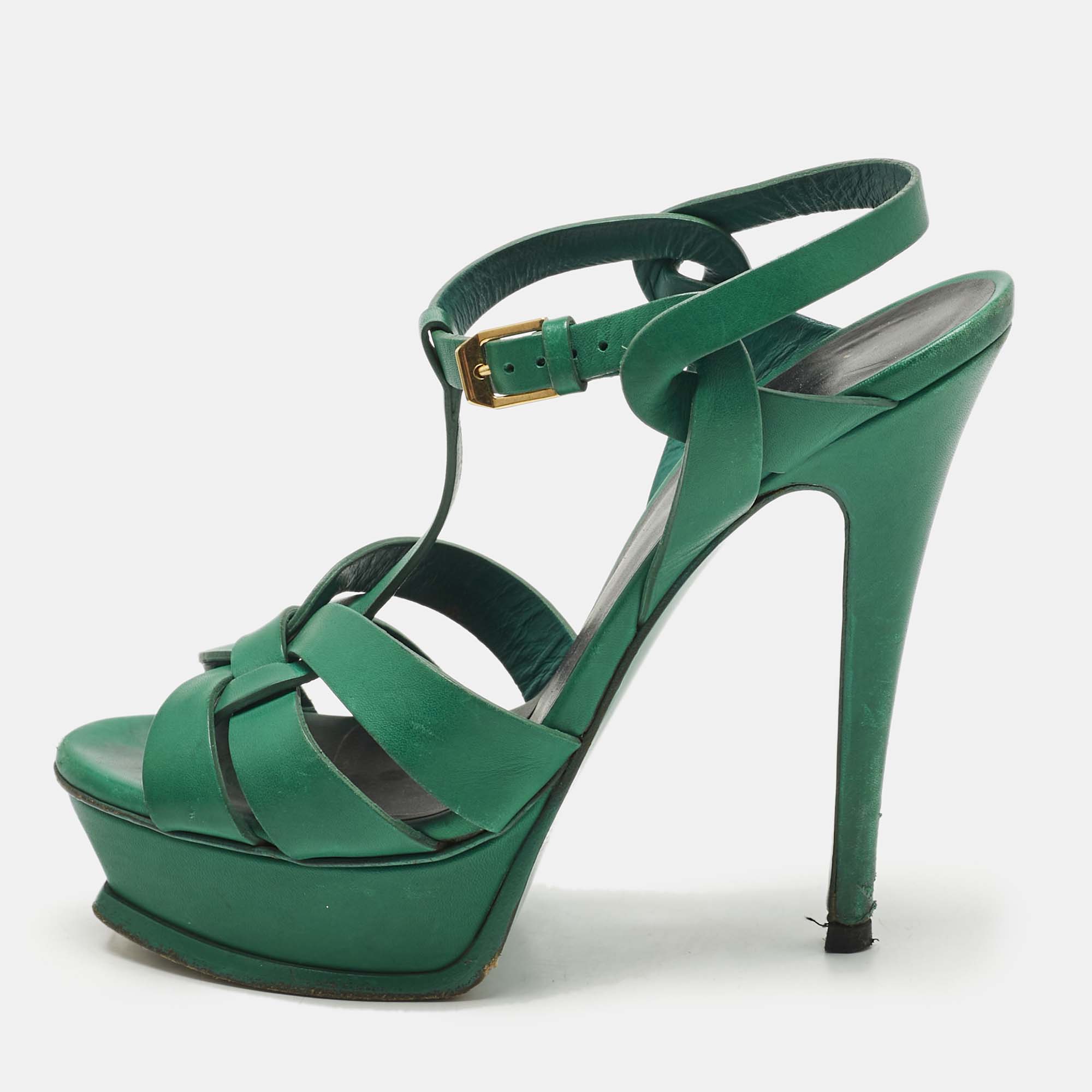

Saint Laurent Green Leather Tribute Platform Sandals Size