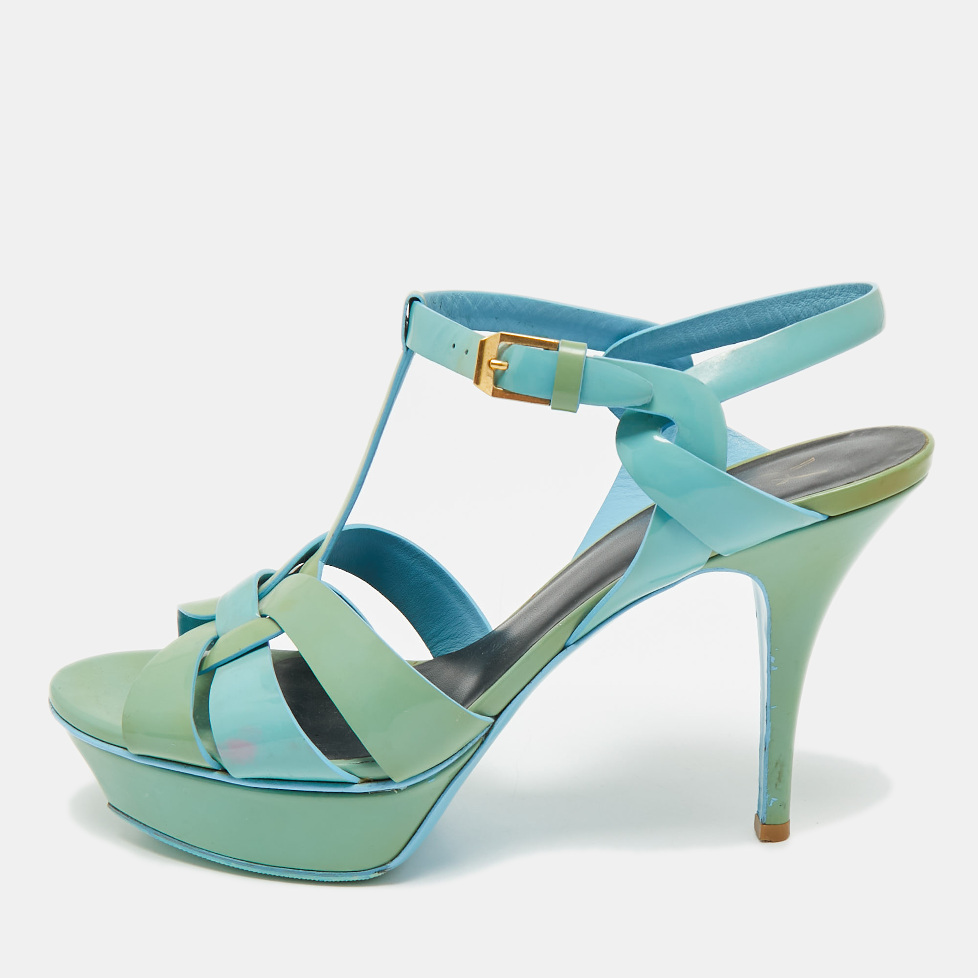 Pre-owned Saint Laurent Two Tone Patent Leather Platform Sandals Size 40 In Blue