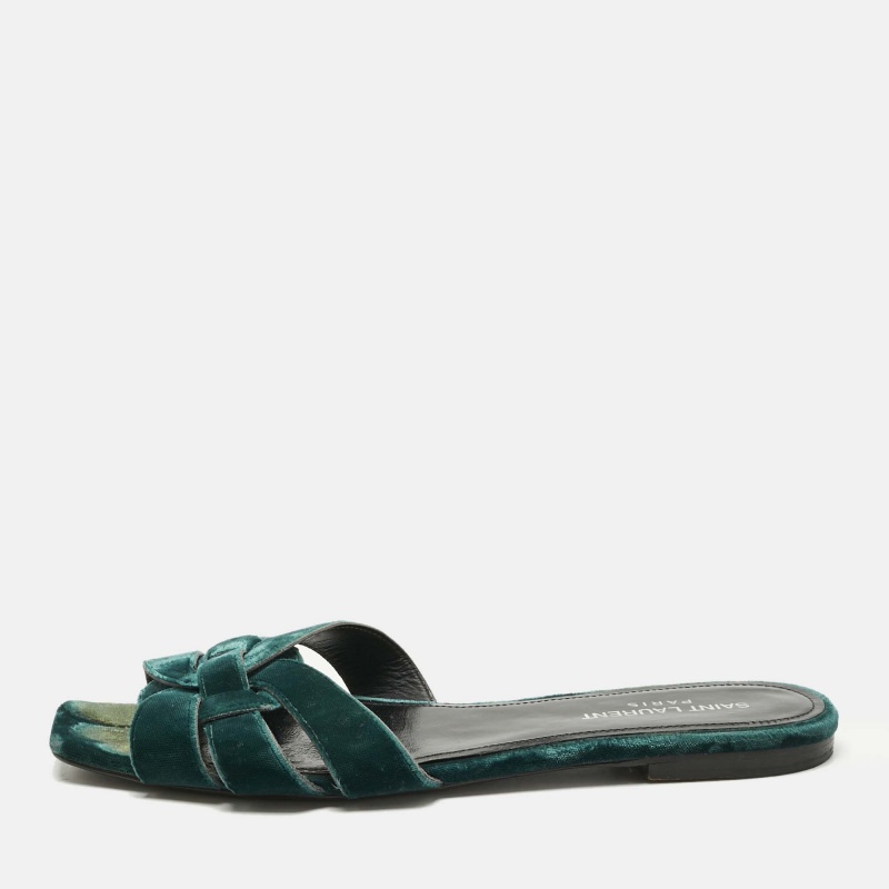 

Saint Laurent Paris Green Velvet Tribute Flat Slide Size