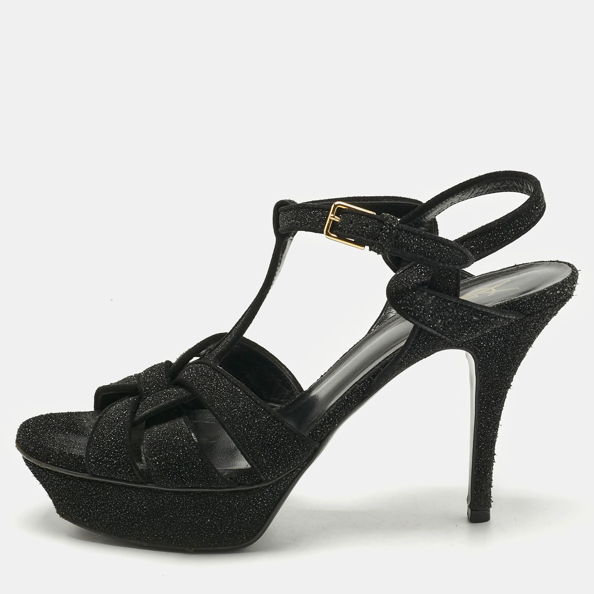Pre-owned Saint Laurent Black Metallic Embossed Suede Tribute Platform Sandals Size 39