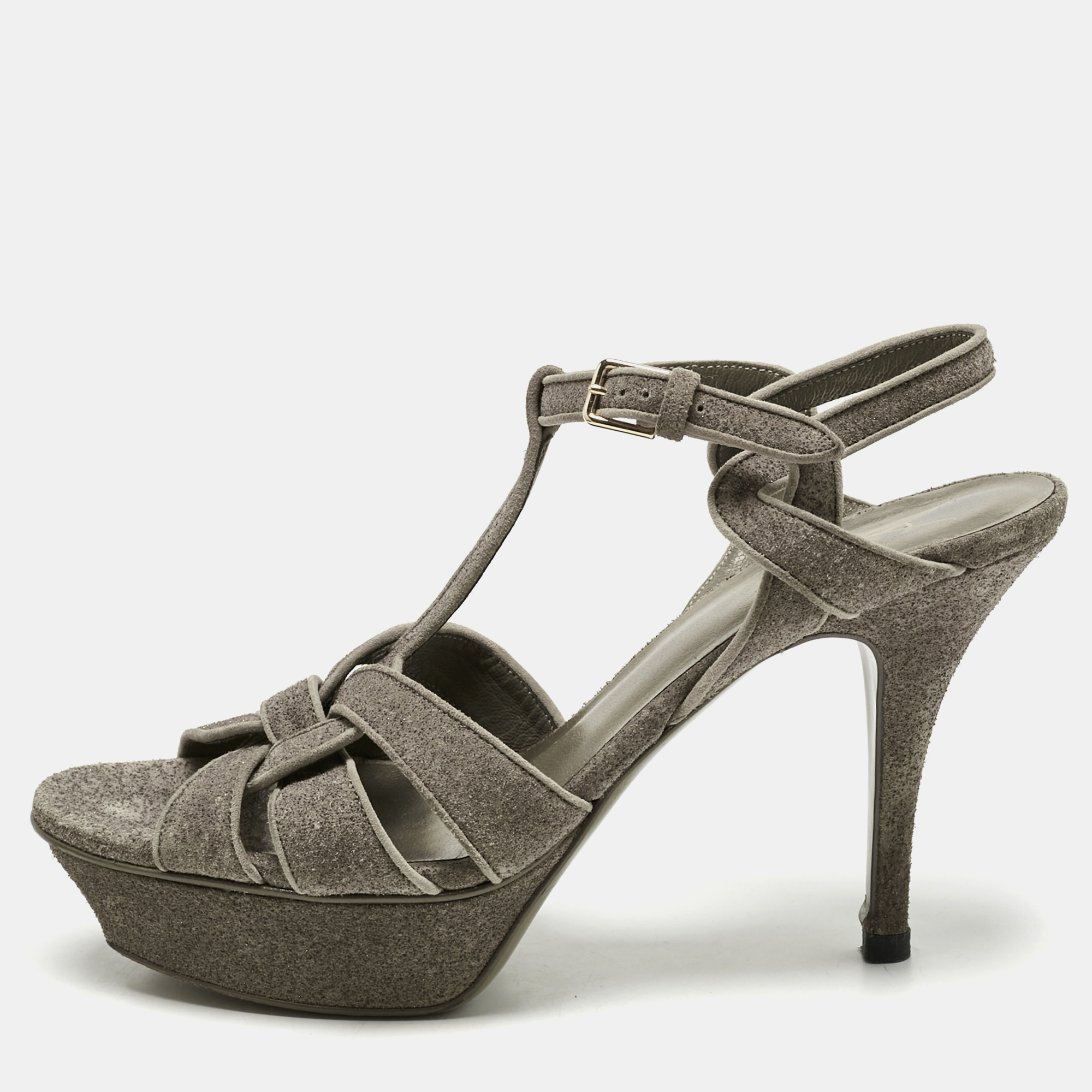 Pre-owned Saint Laurent Taupe Grey Metallic Embossed Suede Tribute Platform Sandals Size 39.5 In Gray