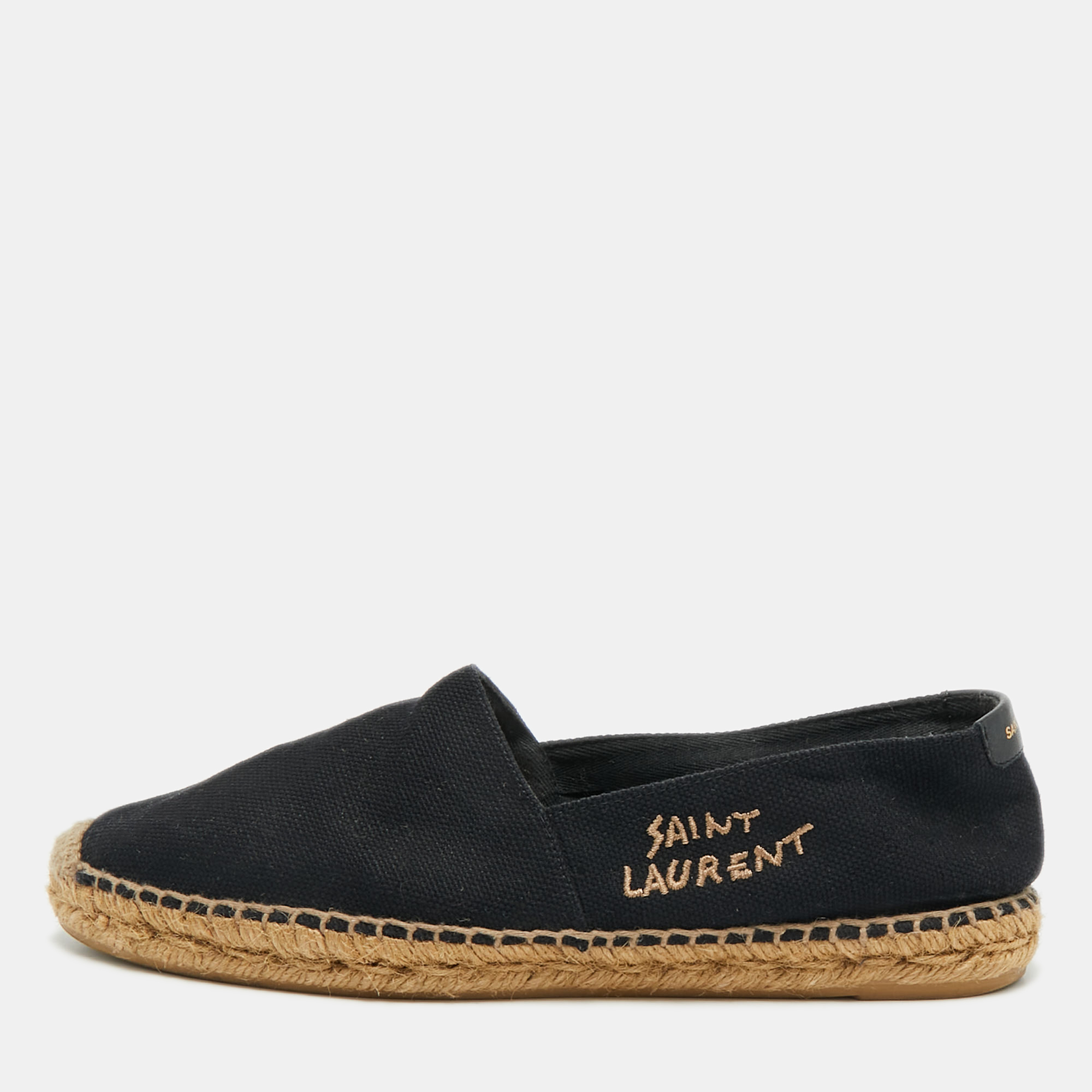 

Saint Laurent Black Canvas Embroidered Logo Espadrille Flats Size