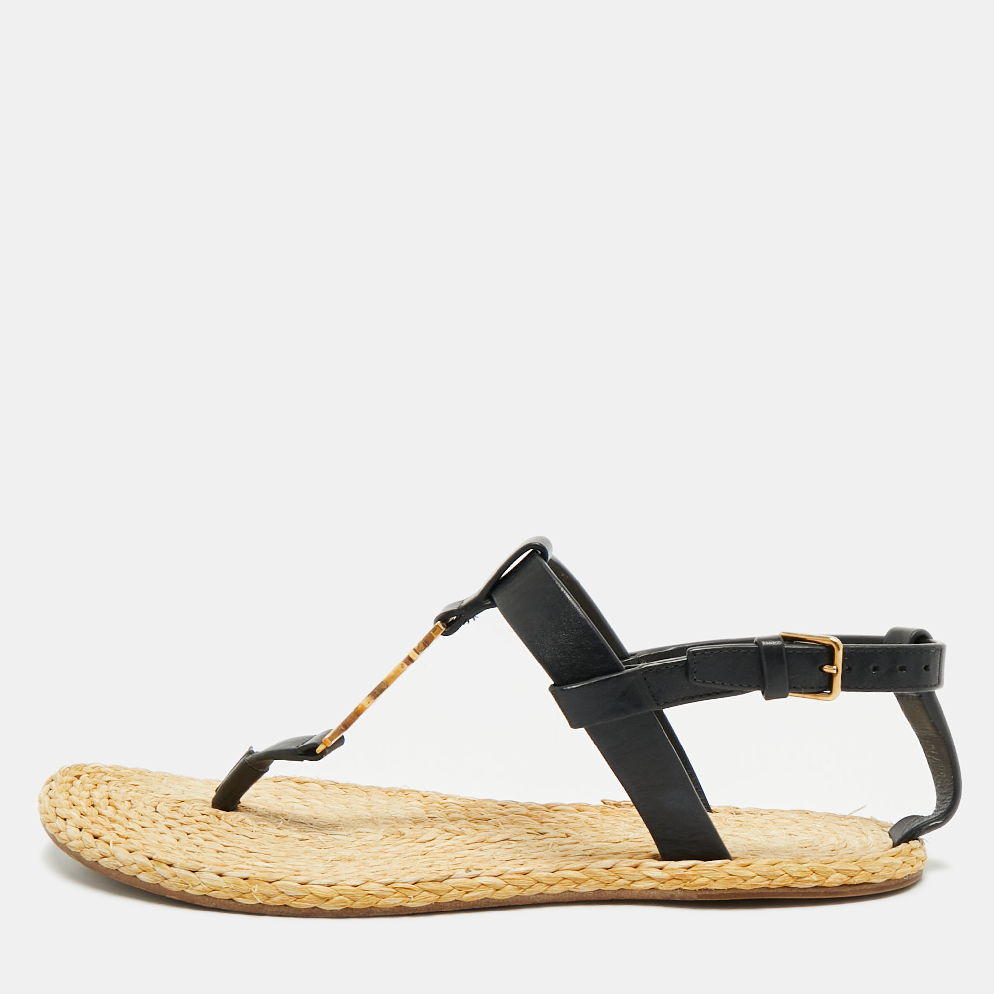 

Saint Laurent Black/Beige Leather and Raffia Cassandra Thong Sandals Size