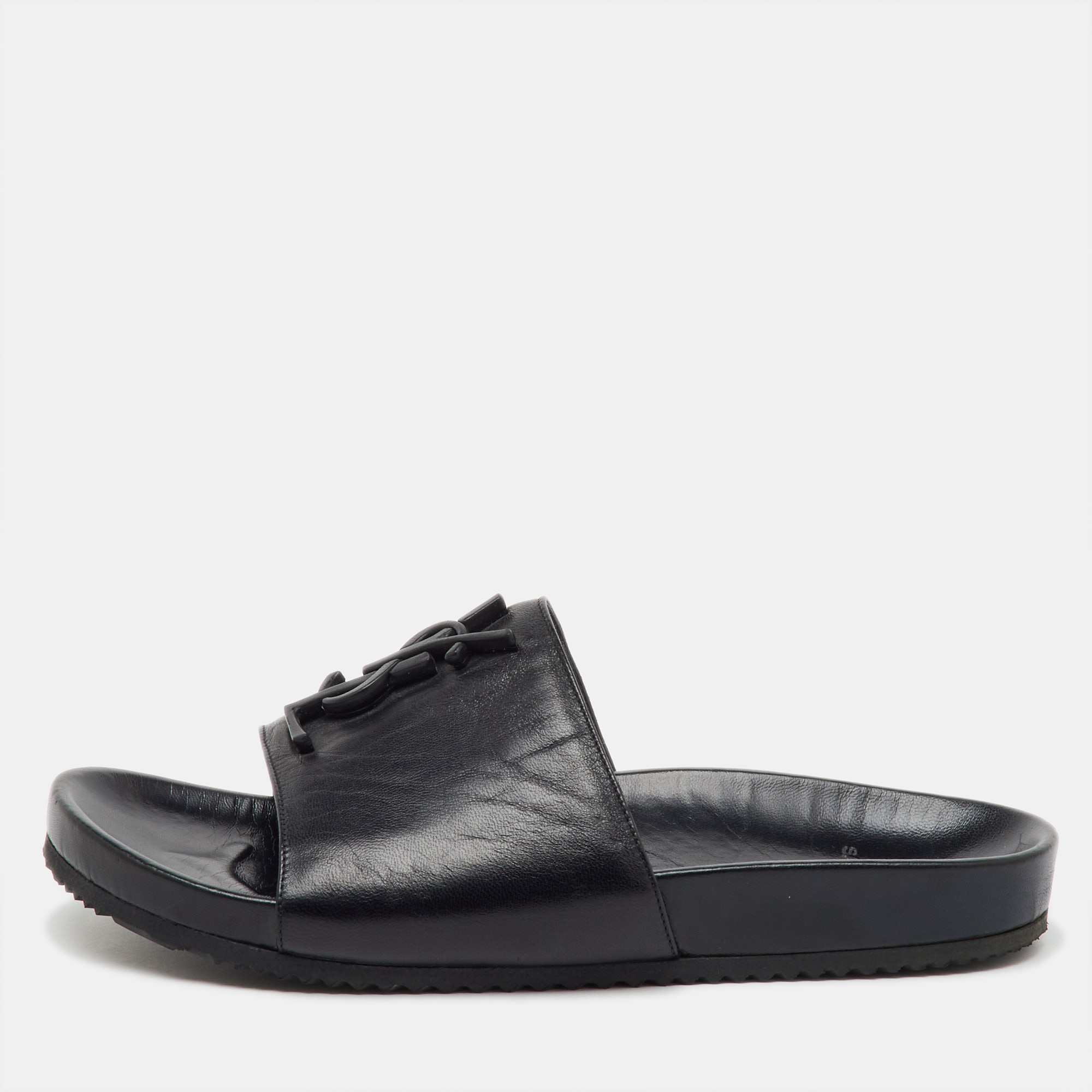 Pre-owned Saint Laurent Black Leather Joan Flat Slide Sandals Size 37