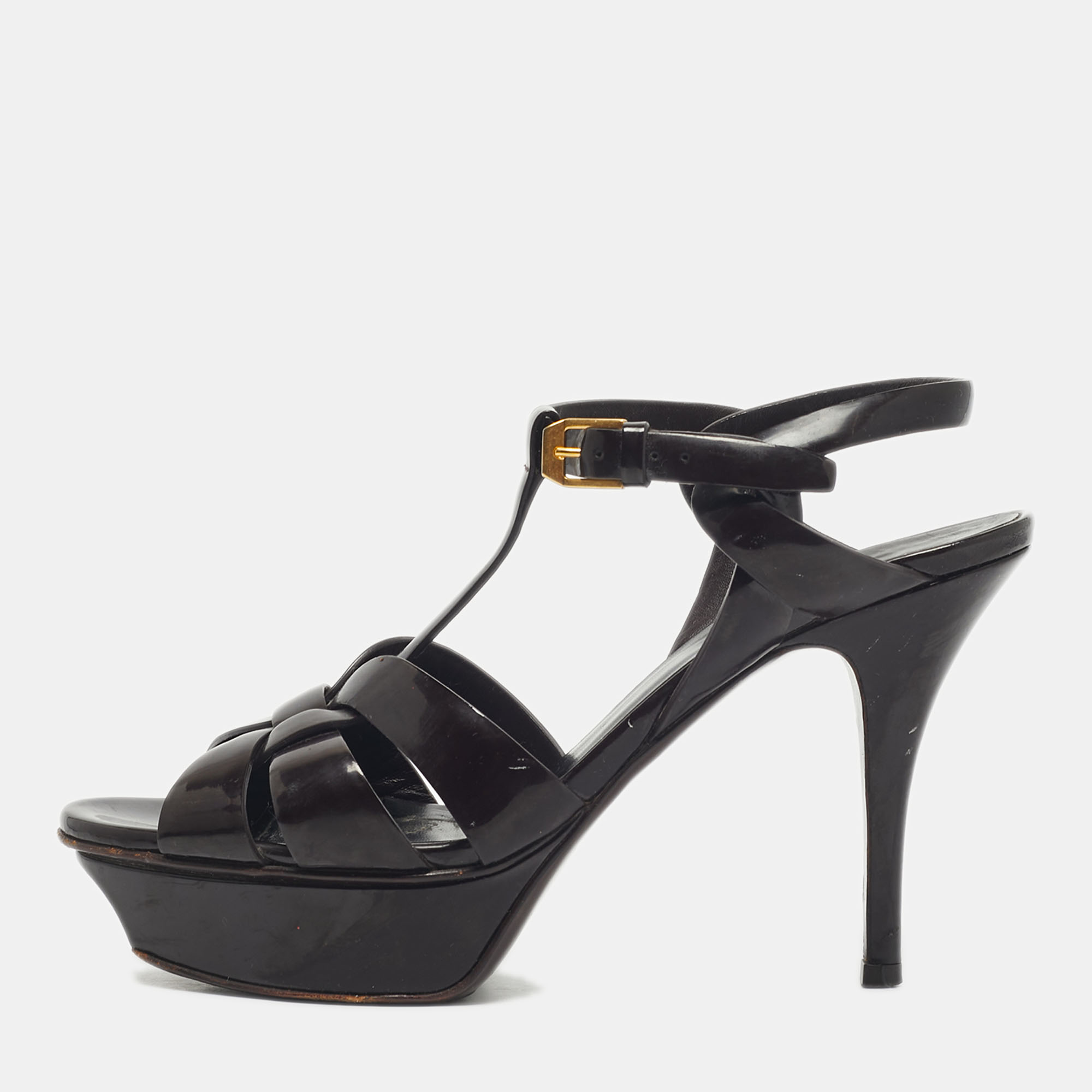 Pre-owned Saint Laurent Burgundy Patent Leather Tribute Platform Sandals Size 37