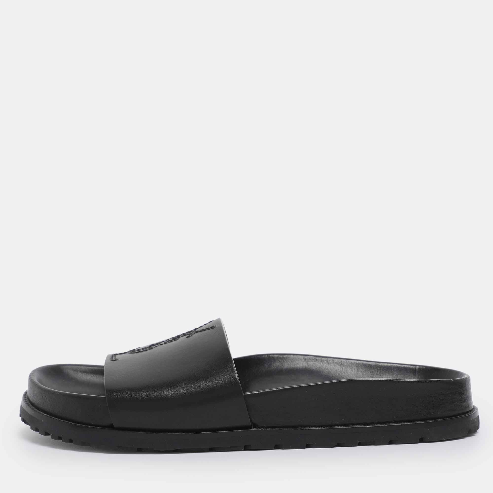 Saint Laurent Black Leather JImmy Logo Pool Slide Sandals Size 35